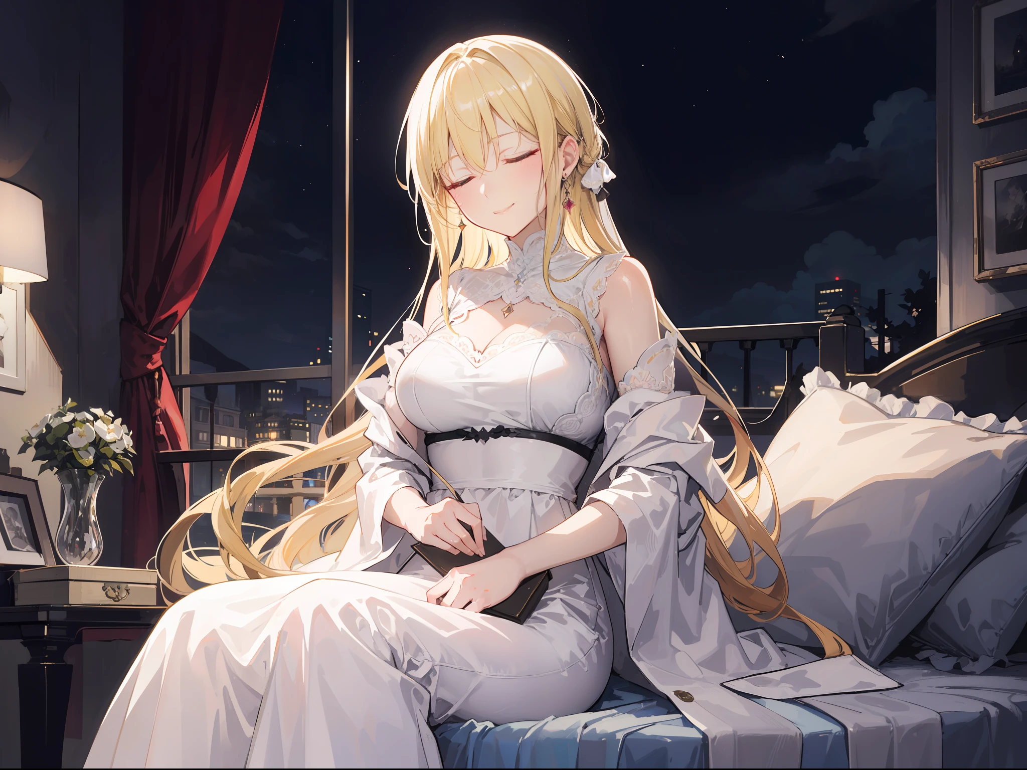 "Create a dark and atmospheric night scene where a mature milf with a weakened expression appears. She is wearing a white dress with vibrant, long blonde hair and closed eyes and smile. In the scene, she sleeps peacefully in a bed. The surrounding environment creates a somber and tranquil atmosphere, with dim lighting illuminating her resilient face."