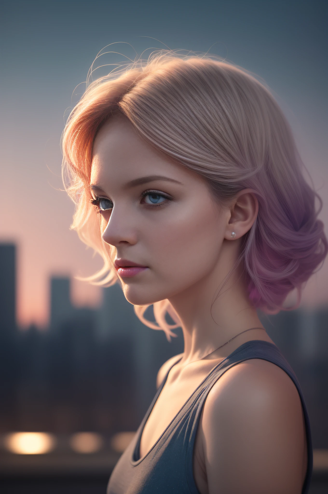 misty and an apple ad showing an isolated white woman, look for the camera, in the style of science-fiction dystopias, detailed crowd scenes, firmin baes, functional aesthetics, michael martchenko, seb mckinnon, minimal white elegante stylish costume design, futuristic city, sunny day, blue hour, depht-of-field, bokeh, (frontlighting:1.2), (backlighting:0.75), (fill light:0.9), bloom, chromatic aberration, (lens flare:1.2)