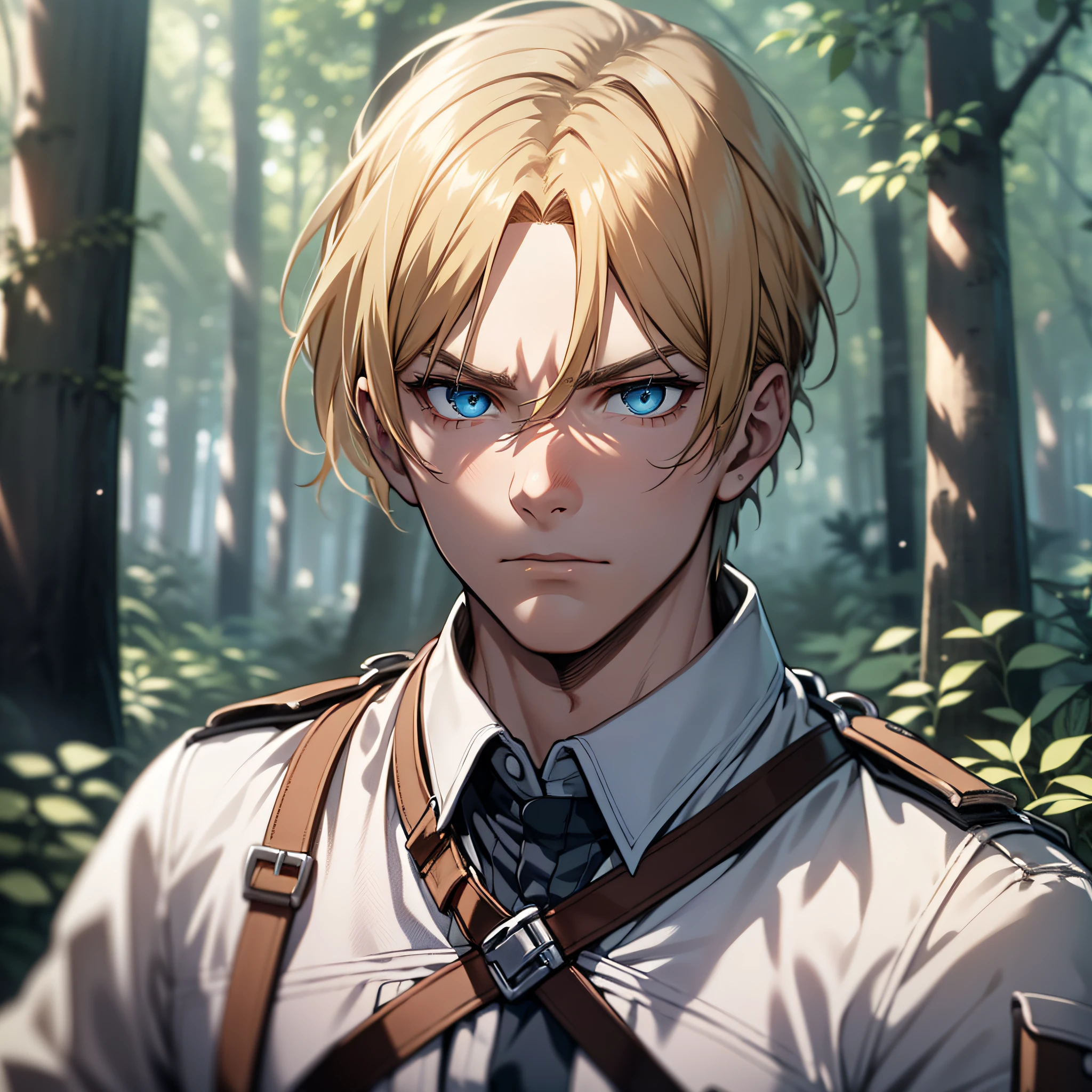 (Blond-haired, intense blue-eyed boy wearing his brown Shingeki:1.2 uniform), in the middle of a mysterious forest, his expression charged with nervousness as he stares at the viewer, all in a high-resolution 4k image, a true masterpiece.)