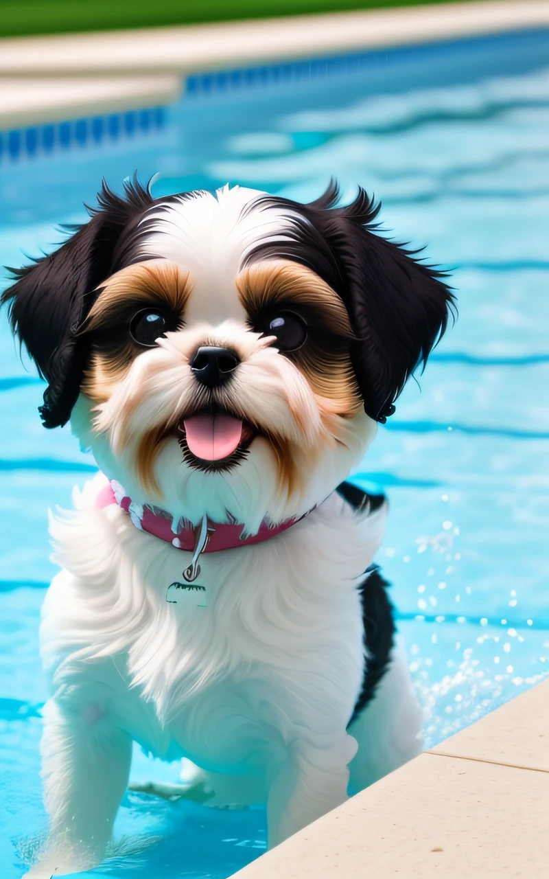 hyper Quality,Cute two Shih Tzu puppies,different body colors,swimming in the pool,smile,black eyes,barking,narrow eyes,smile,eos r3 28mm --auto