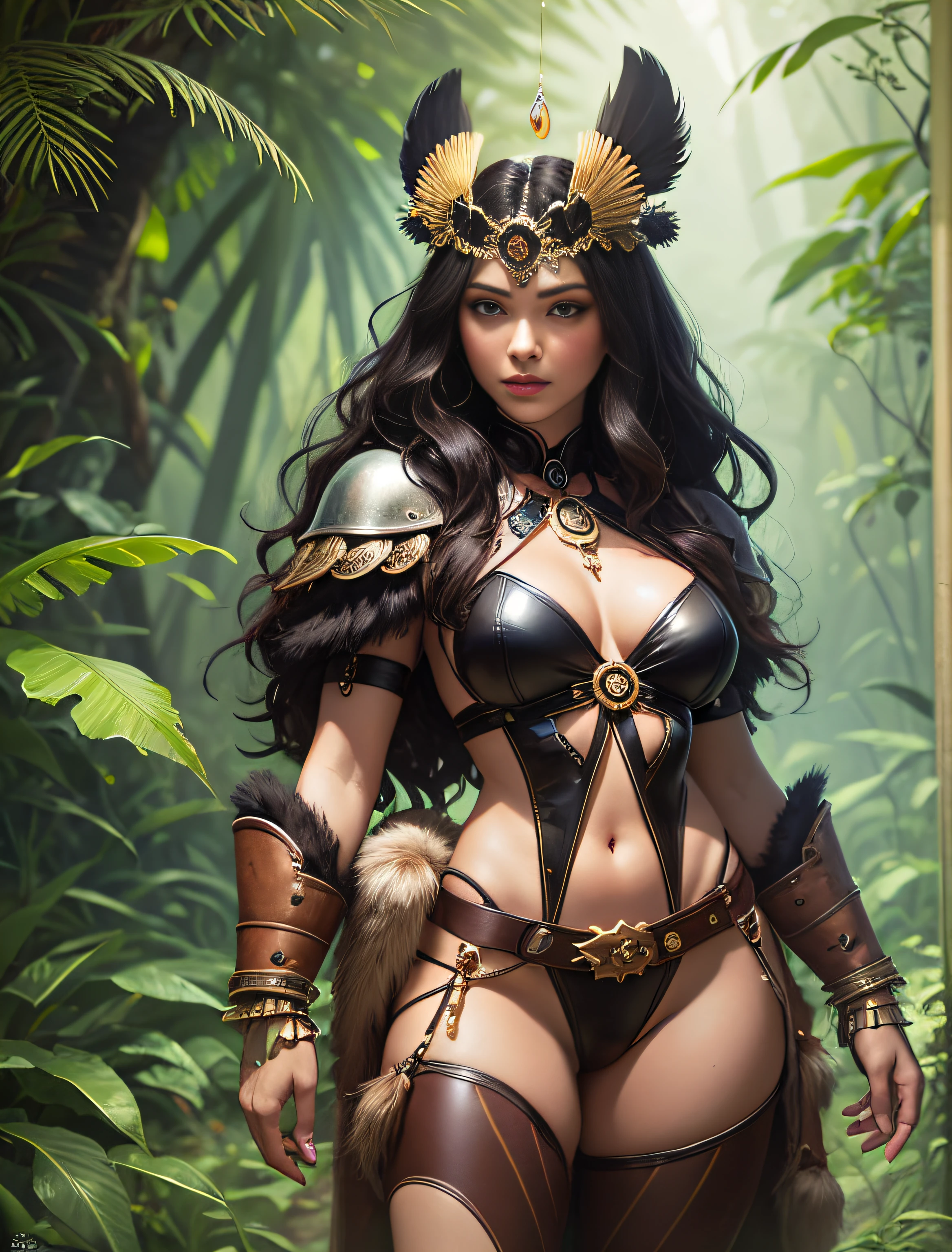 painting of an amazon woman with a jaguar on her head, stunning digital illustration, fantasy art behance, full length aztec princess portrait in ((feathers and leather outfit)) Karol Bak UHD, fantasy concept art portrait, art Fantasy Portrait Painting, 4K Detailed Painting, Deviantart Artstation CGSCOSIETY, Beautiful Digital Artwork, Alena Aenami and Artgerm, Amazon Warrior, Amazon in the Jungle