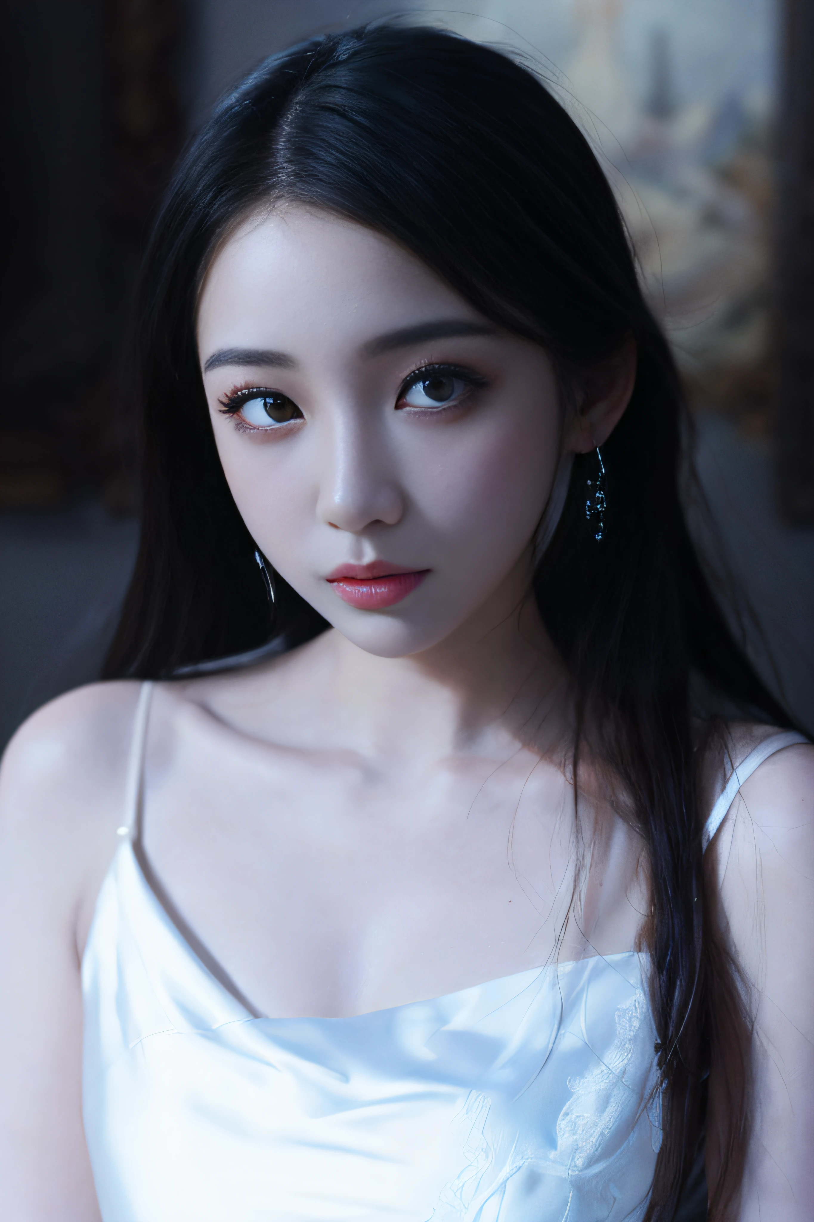 Korean sexy woman in white dress standing in front of a painting, girl in white dress, dancing in white dress, white dress, white silk, in art gallery], wearing white flowing dress, wearing cute white dress, Nico in white dress, soft silk dress, wearing white long dress, in the gallery, big eyes, watery big eyes