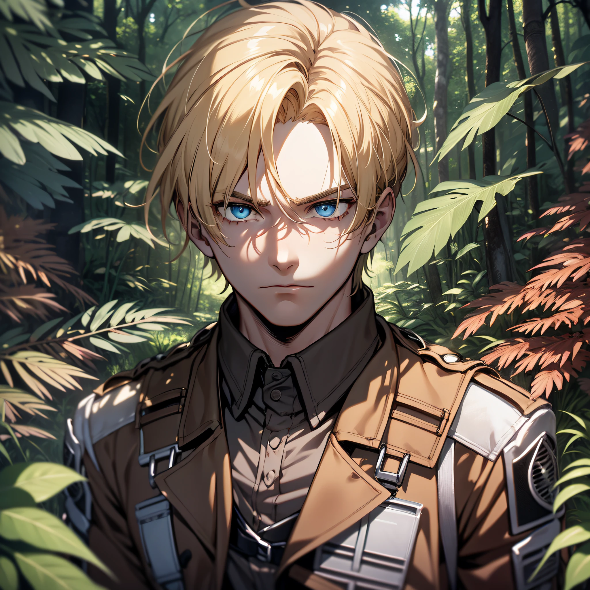 "(Blonde-haired, intense blue-eyed boy, wearing his brown Shingeki:1.2 uniform), in the middle of a mysterious forest, his expression charged with nervousness as he stares at the viewer, all in a high-resolution 4k image, a true masterpiece)."