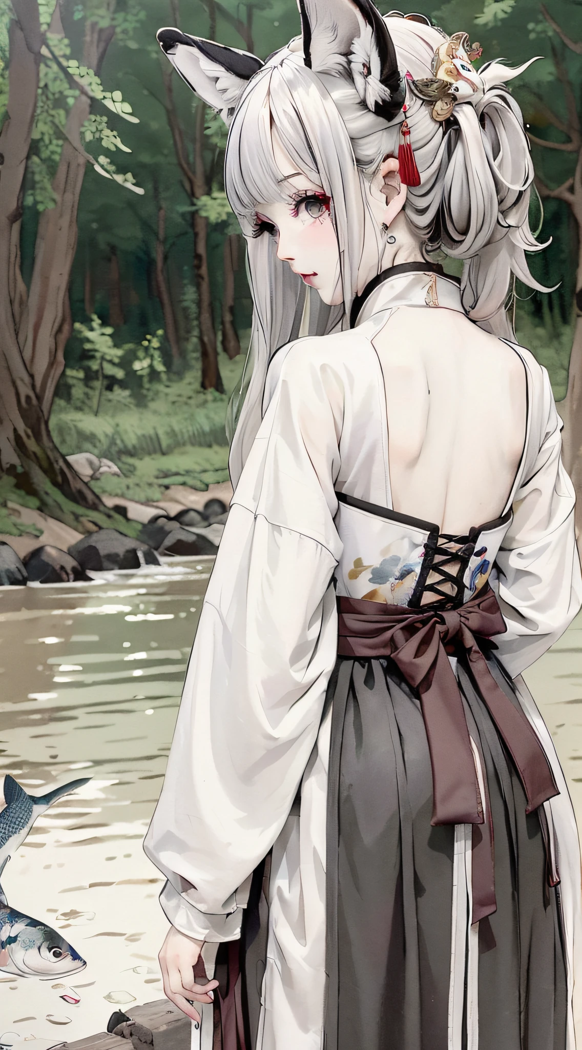 ((4k,masterpiece,best quality)), （landscape）, （looking_back），antiquewhite，shuimobysim, traditional chinese ink painting, hanfu, ribbed_dress , 1 Girl, solo, white hair, fox ears, white, fish, many fish near Girl, tease,onee-shota