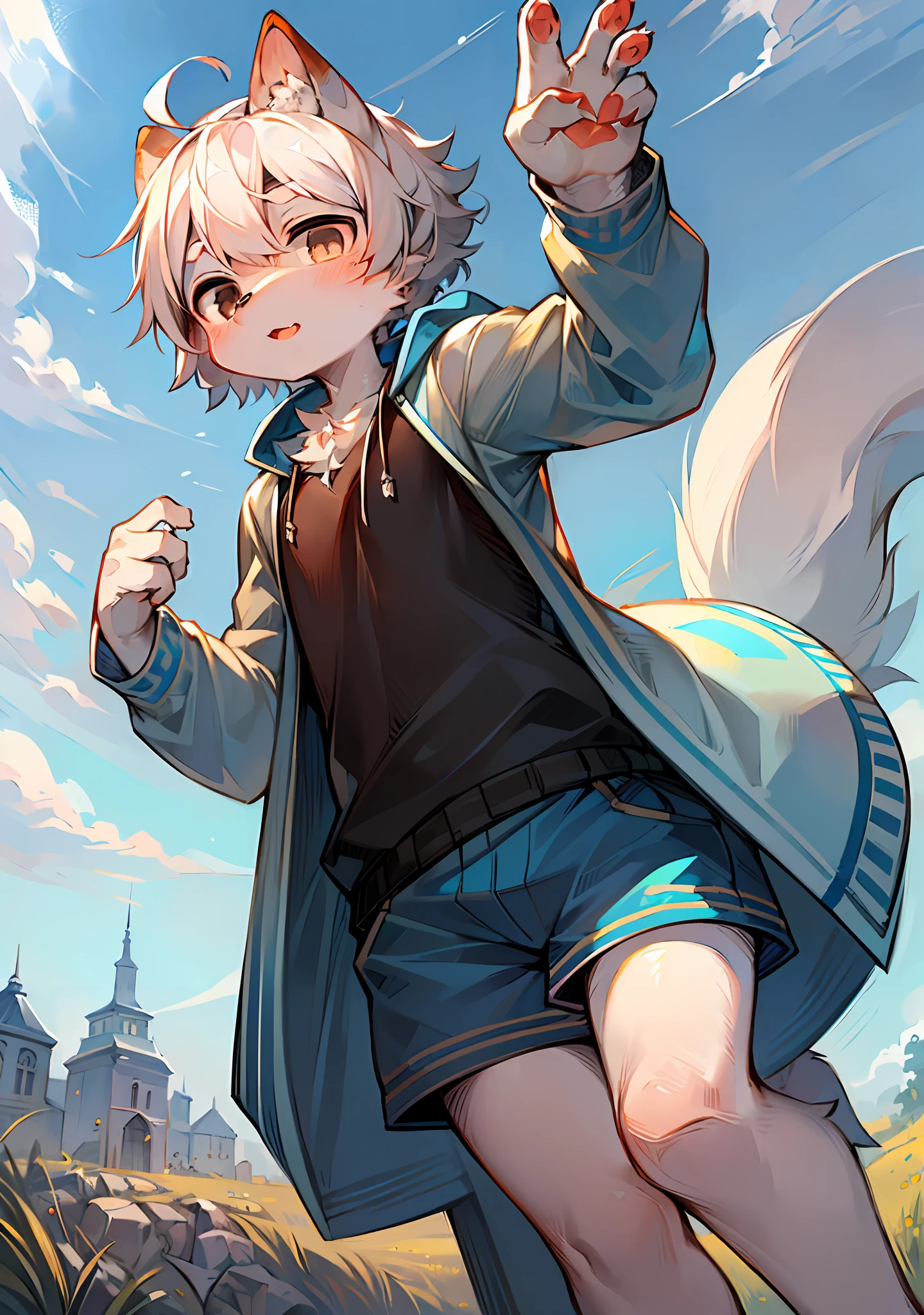 (Bright Environment: 0.8), Masterpiece, High Quality, Abstract Res, Digital Painting\(Artwork\), by Dagasi, Yupa, Kiyosan, (Anthro, Fluffy Fur, Character Focus: 1.1), Anthro Male Cat, Short Hair, Portrait , bright eyes, panorama, character focus. (Detailed background: 0.7), Furry, Furry male, Male focus, Anthr, (full body fur, fluffy big tail, white fur, white hair, black eyes: 1.2), (long canine, junior high school student, blue and white long sleeves, blue and white shorts, blue and white coat: 1.2), (prairie, bright outdoor, blue sky, sunny day: 1.1)