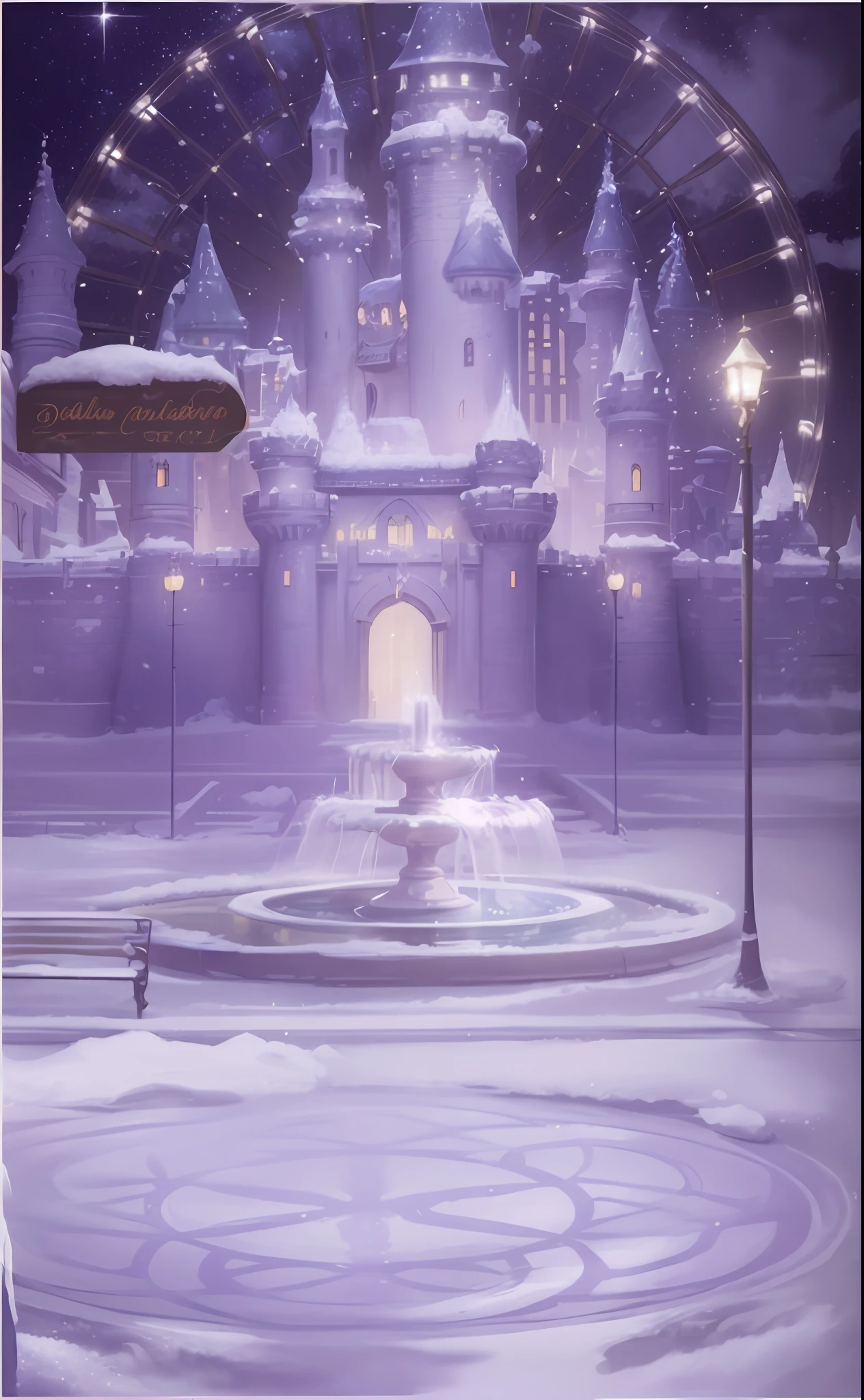 There is a painting of a castle with a fountain in the middle, aesthetic, fairy tale style, castle, pastel, palace, fantasy matte painting, cute, dreamy, artwork, concept art magical highlights, winter scene fantasy, winter concept art, kingdom of light background, inspired by Luigi Casimir, background is Disneyland castle, fairy tale artwork, vertical painting, natural light, delicate, sequins, sparkling, generate more details, anime style, anime, modern, futuristic, panorama, concept art, UHD, masterpiece, ccurate, super detail, high detail, high quality, high quality, high resolution,