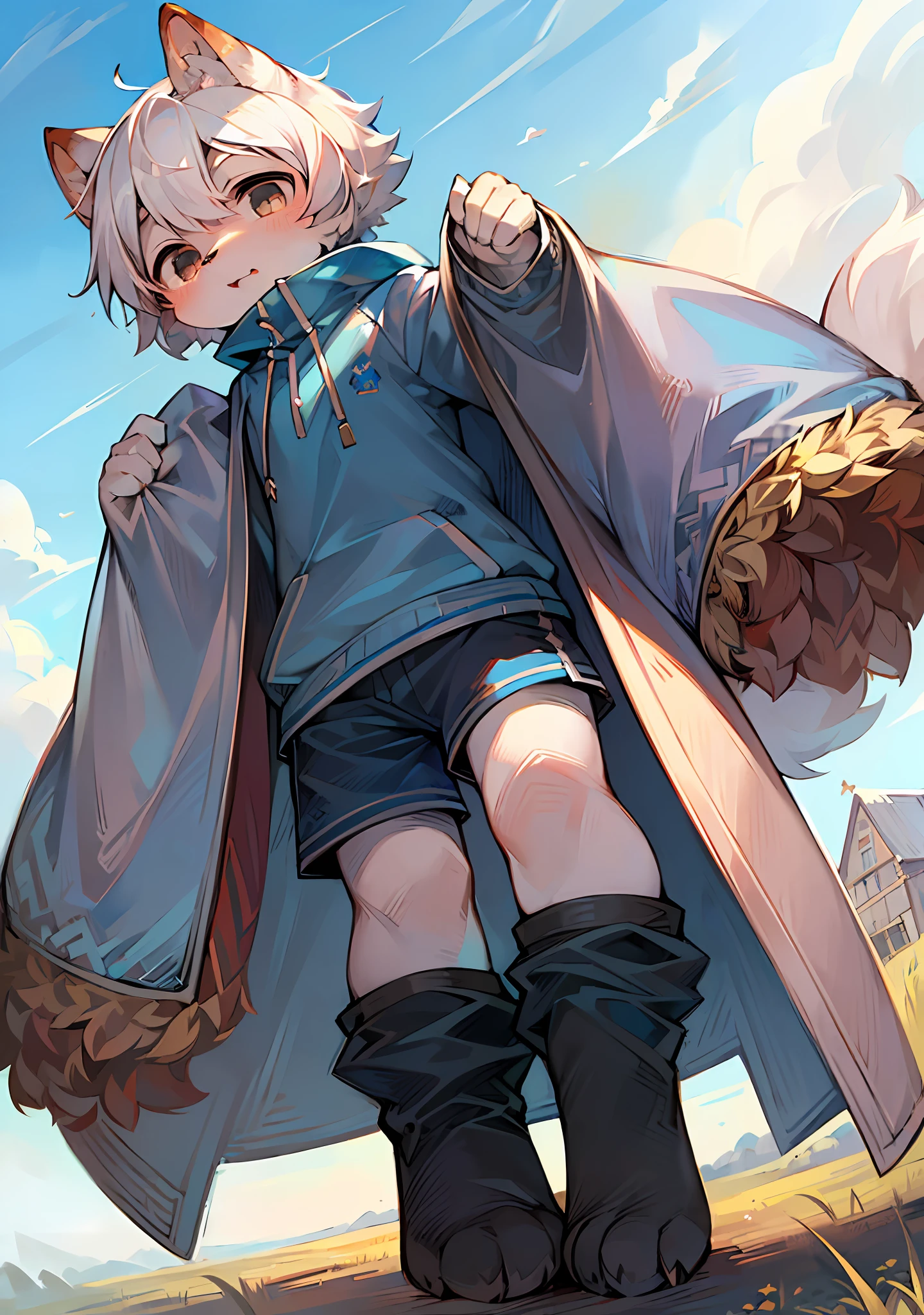 (Bright Environment: 0.8), Masterpiece, High Quality, Abstract Res, Digital Painting\(Artwork\), by Dagasi, Yupa, Kiyosan, (Anthro, Fluffy Fur, Character Focus: 1.1), Anthro Male Cat, Short Hair, Portrait , bright eyes, panorama, character focus. (Detailed background: 0.7), Furry, Furry male, Male focus, Anthr, (full body fur, fluffy big tail, white fur, white hair, black eyes: 1.2), (long canine, junior high school student, blue and white long sleeves, blue and white shorts, blue and white coat: 1.2), (prairie, bright outdoor, blue sky, sunny day: 1.1)