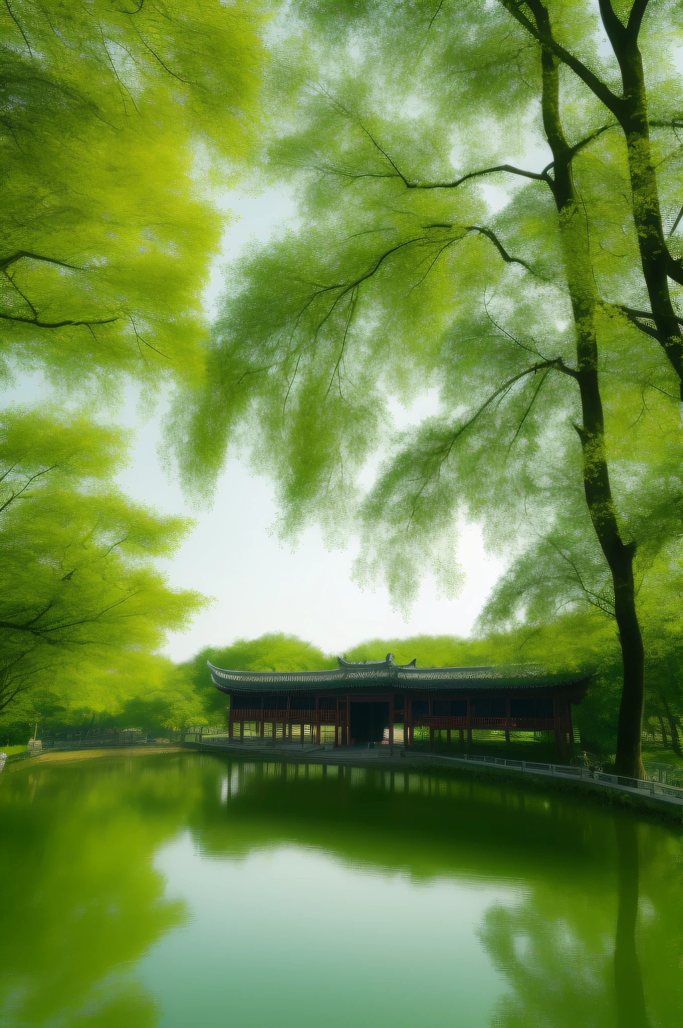 Jiangnan Hangzhou West Lake, spring color, willow tree, meditation pavilion in the lake, curved long bridge, just like the green of the south this season, is a gentle green ultra HD picture, 8k, ultra wide angle, ultra HD, ultra detail, cg render H