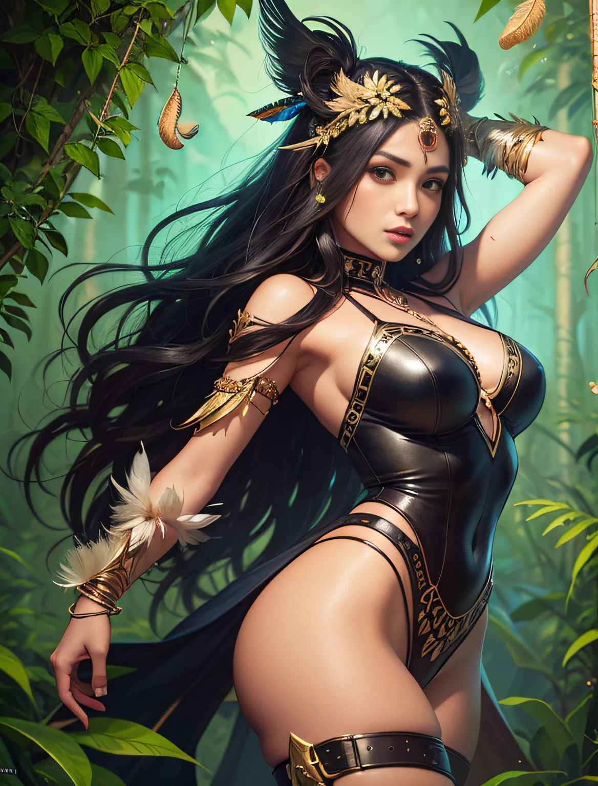 painting of an amazon woman with a jaguar on her head, stunning digital illustration, fantasy art behance, full length brazil tribal princess portrait, dynamic pose in ((feather and leather outfit)) Karol Bak UHD, portrait Fantasy Concept Art Artwork, Fantasy Portrait Art, Detailed Painting 4K, Deviantart Artstation CGSCOSIETY, Beautiful Digital Artwork, Alena Aenami and Artgerm, Amazon Warrior, Amazon in the Jungle