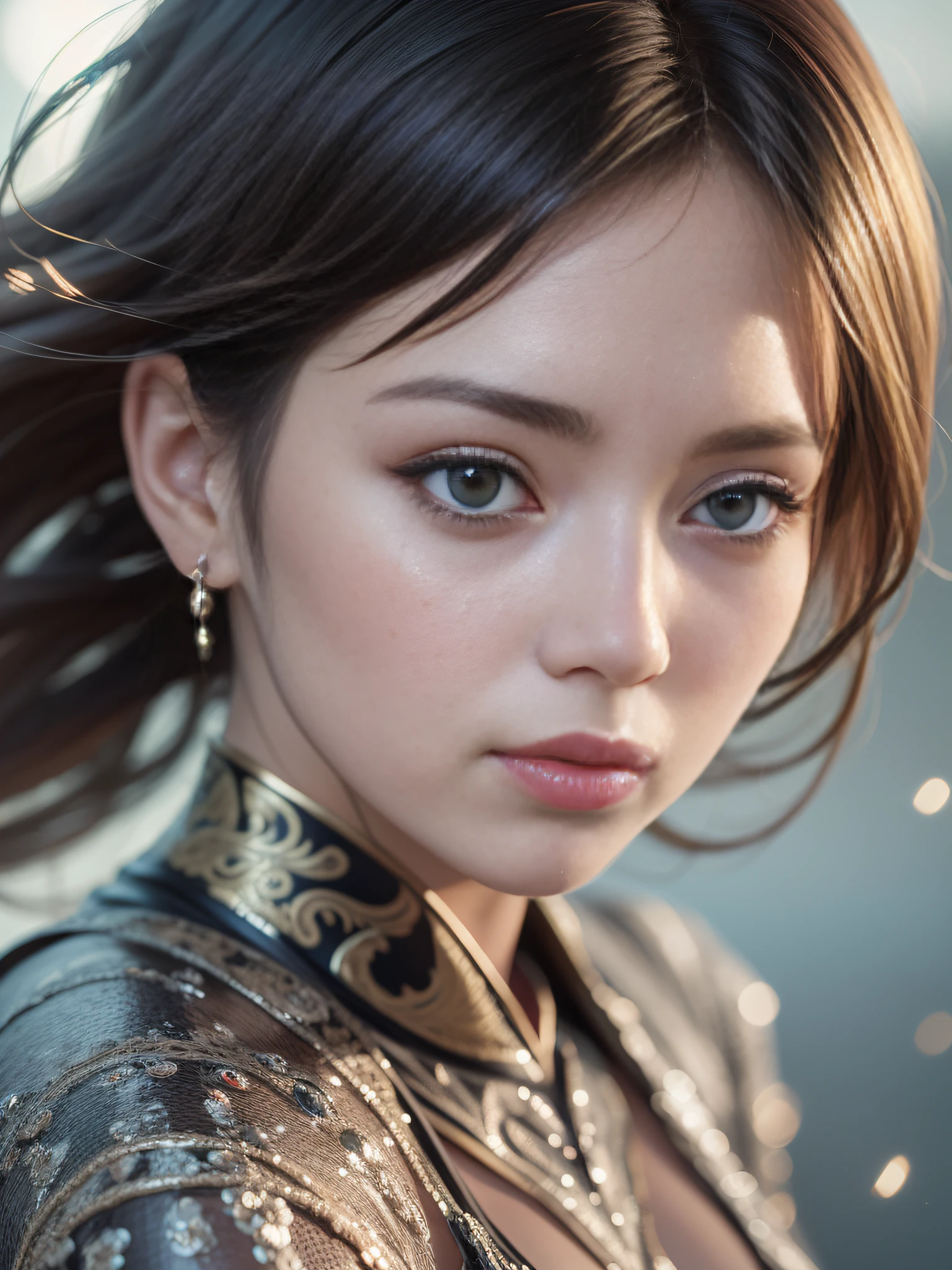 epic water bending shot, in front, Award Winning Photographs,Wuxia, water splash in depht-of-field, A beautiful Chinese women, cinematic scene, extreme expressive face, extreme close - up, staring straight into the camera, eye to eye, focus on face, in the style of photorealistic eye, bokeh in the style of  hyperrealistic illustration, super ultra detail, movie screenshot Unreal Engine, Zbrush, 3D art, Vray, Glow Particular, Post Effect, Optical Flares, style expressive, blue temperature,