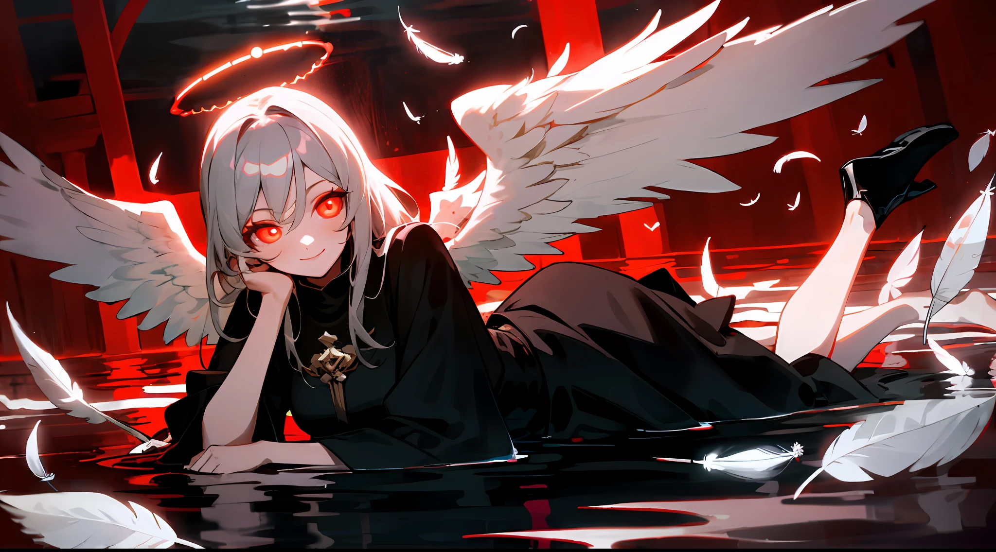 1girl, angel, cute,happy,gorgeos, laying in a dark water, (red halo), glowing eyes, red eyes, angel wings, holy, black and red water,sensual, black tunic, feathers, confident, smile, expressive eyes, collofull eyes, contrast, shadows, masterpiece, digital art,majestic, superior