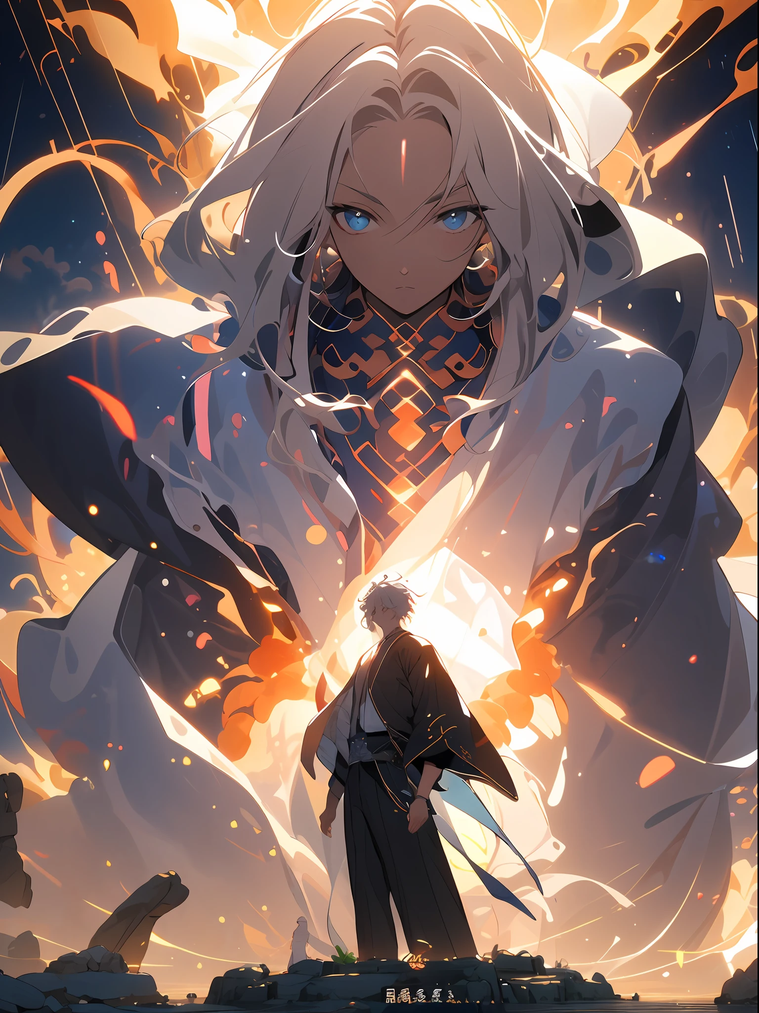 , (masterpiece:1.2), best quality,PIXIV,  taoist,
a character standing in front of red glowing real people,transparent,fire,