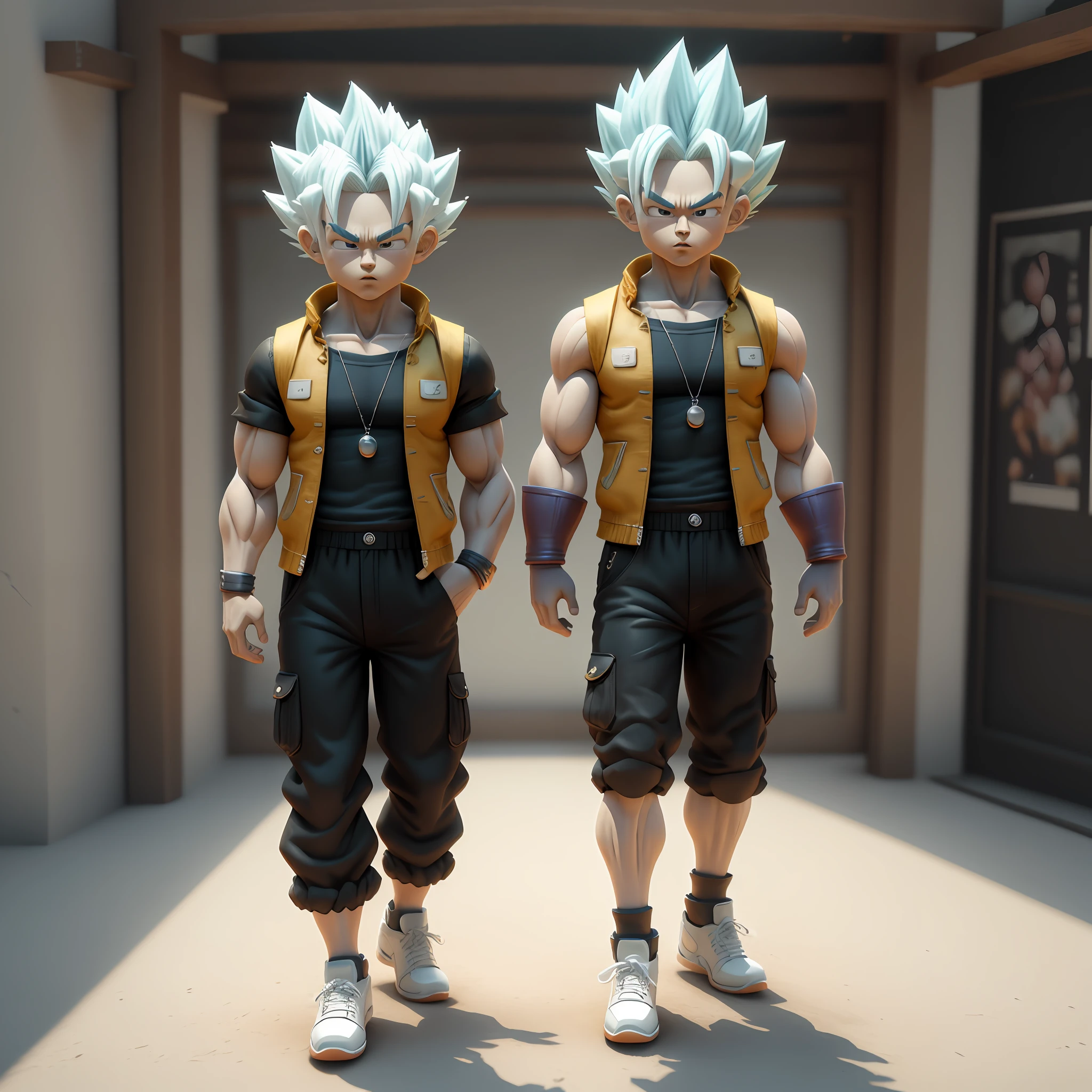 Goku, super saiyan, exquisite hair, arm depiction, white and blue hair body, exquisite shoes, eye depiction, exquisite hair, popmart blind box, clay texture, stepping on the land, black and white background, natural lighting, most good quality, super detail, 3D art, c4d, OC renderer, 3D rendering, 8k