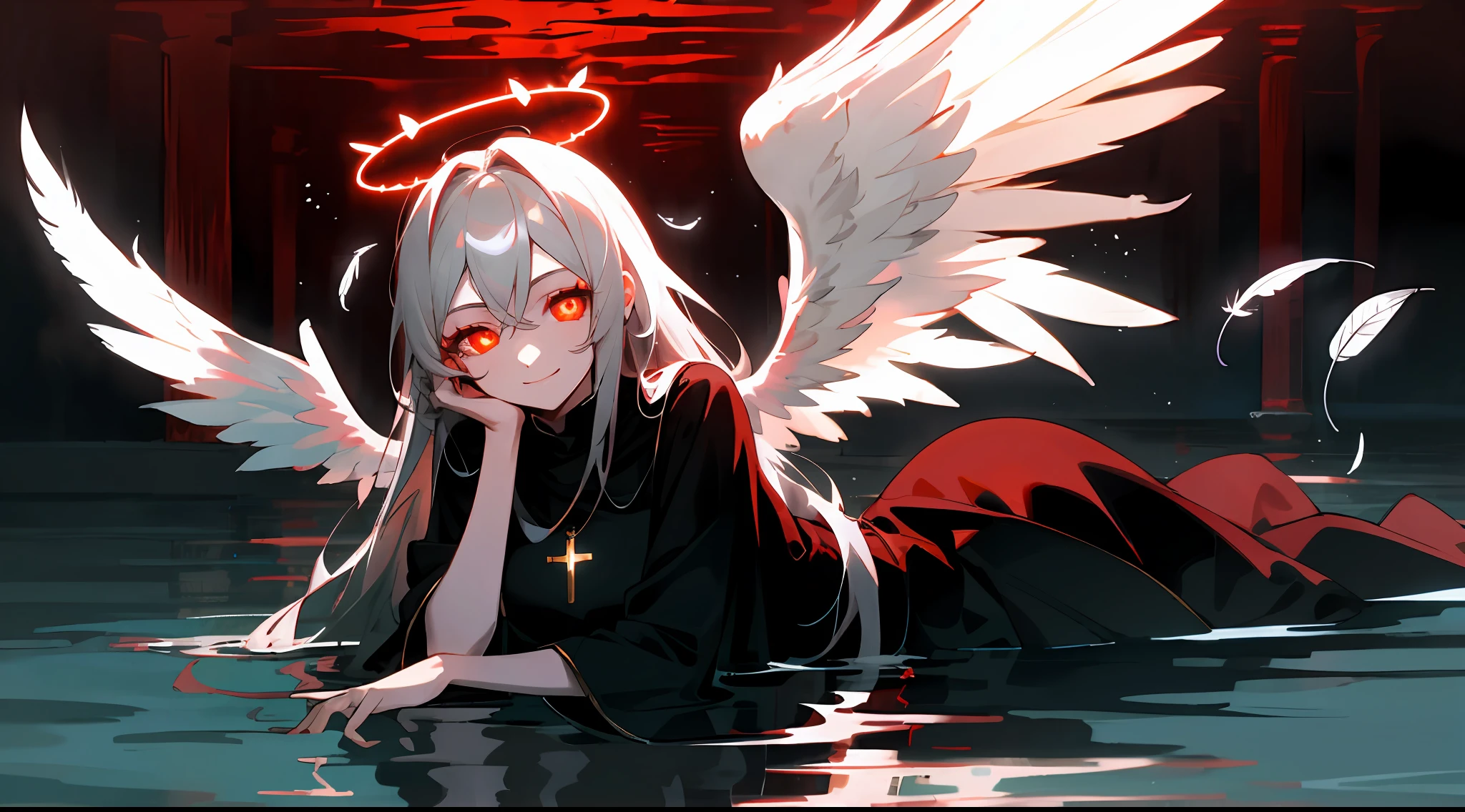 1girl, angel, cute,happy,gorgeos, laying in a dark water, (red halo), glowing eyes, red eyes, angel wings, holy, black and red water,sensual, black tunic, feathers, confident, smile, expressive eyes, collofull eyes, contrast, shadows, masterpiece, digital art,majestic, superior