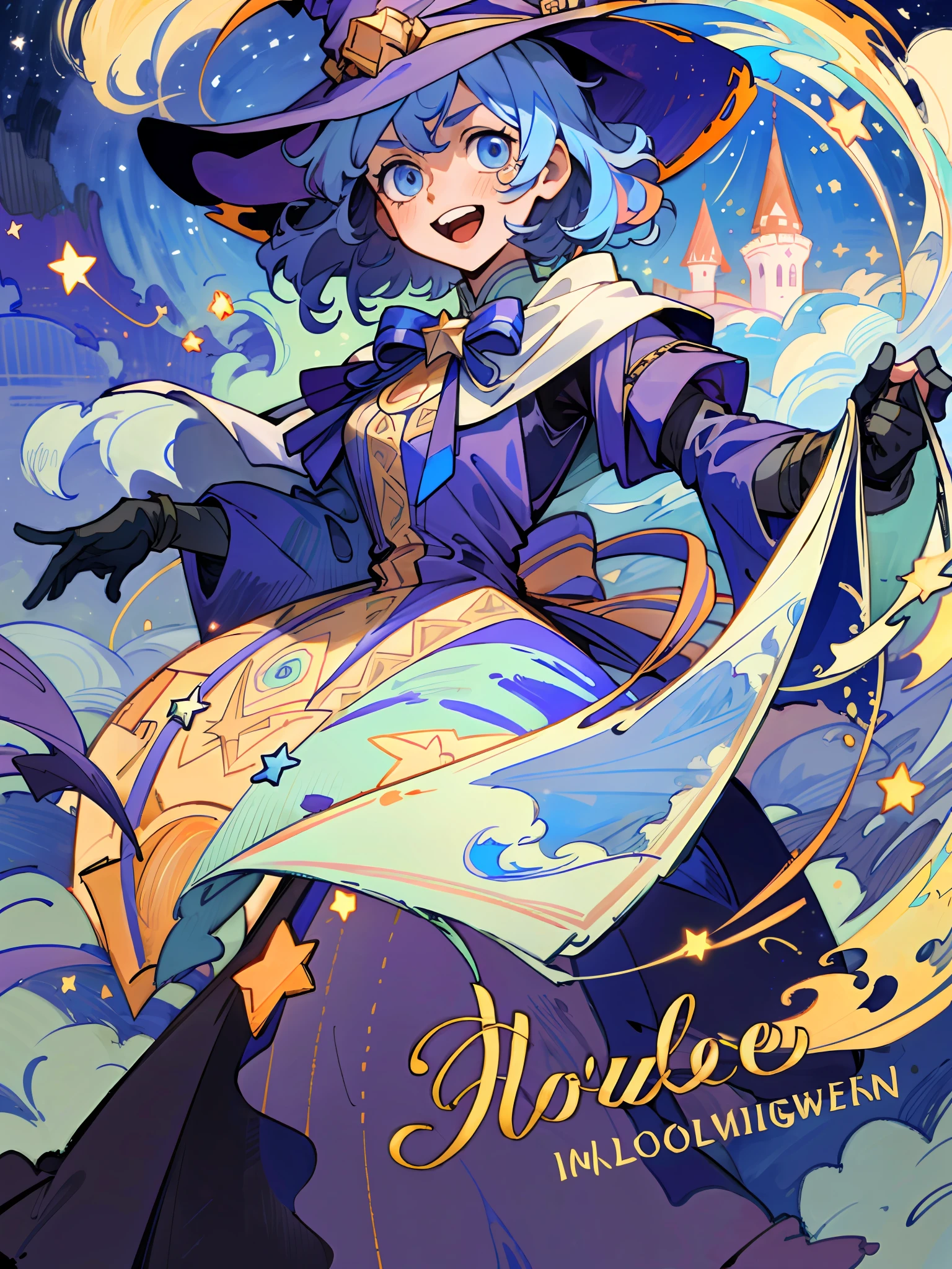 ((masterpiece:1.2, best quality)), 1girl, solo, (witch hat), a close up of a girl with curl hair, short hair, dress, aurora, night, star (sky), gloves, sky, dress, night sky, open mouth, starry sky, light blue eyes, ribbons, smile, cape, blue hair, magic, casting spell, night, (impressionism:1.4), alphonse mucha, Halloween colors, colorful candy