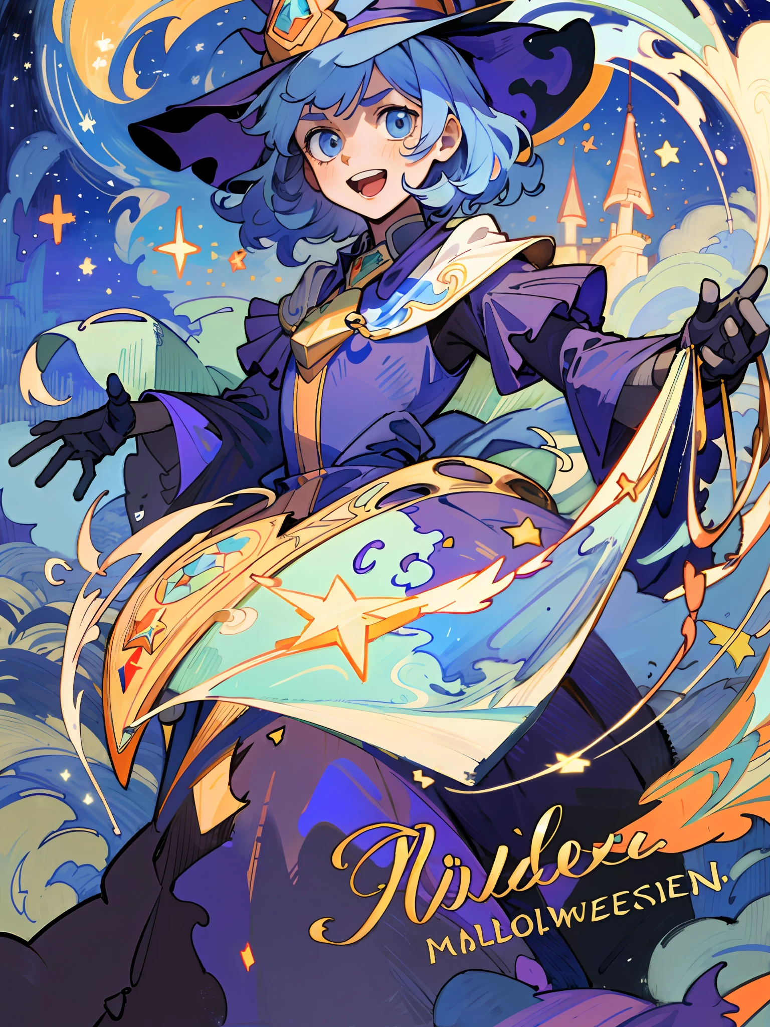 ((masterpiece:1.2, best quality)), 1girl, solo, (witch hat), a close up of a girl with curl hair, short hair, dress, aurora, night, star (sky), gloves, sky, dress, night sky, open mouth, starry sky, light blue eyes, ribbons, smile, cape, blue hair, magic, casting spell, night, (impressionism:1.4), alphonse mucha, Halloween colors, colorful candy