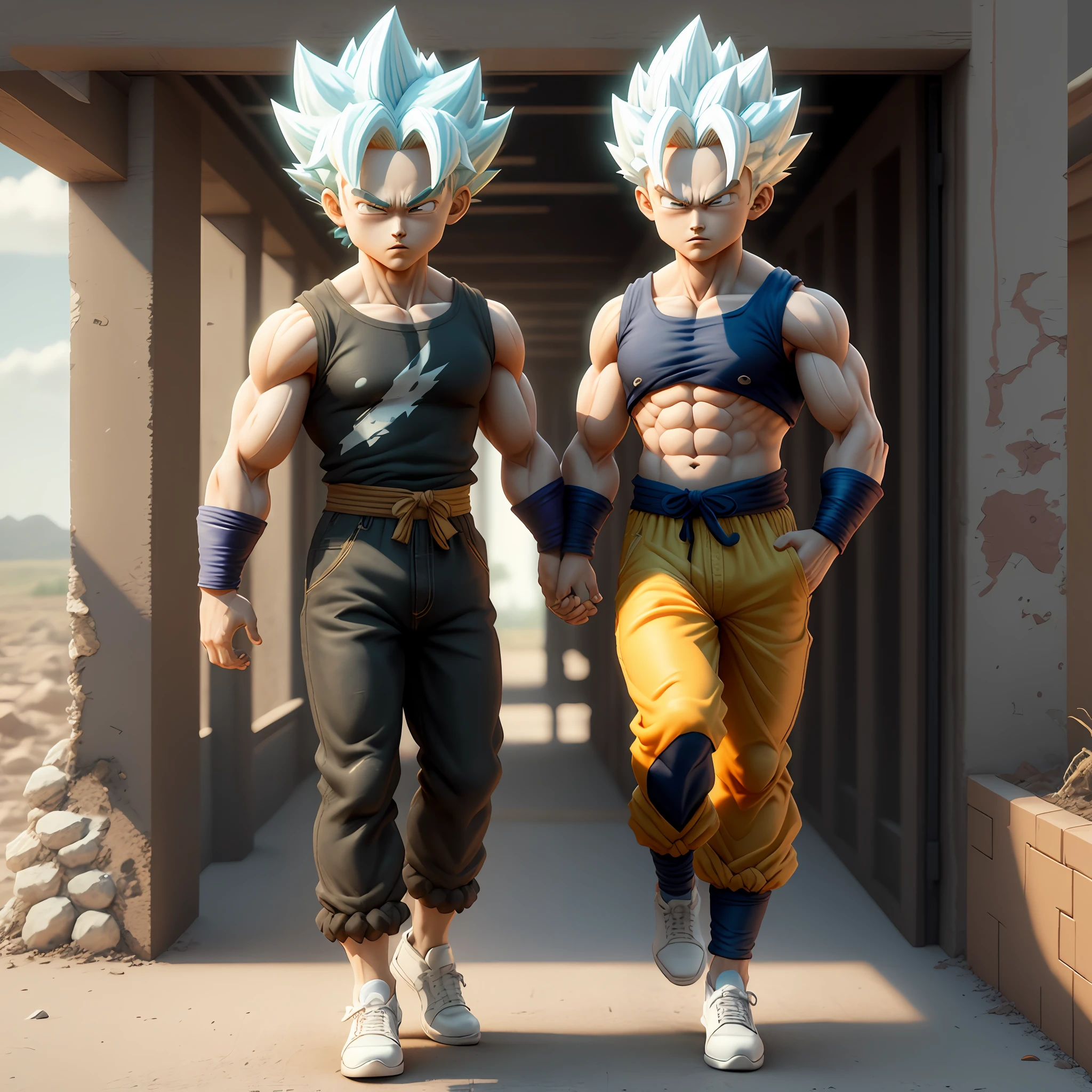 Goku, super saiyan, exquisite hair, arm depiction, white and blue hair body, exquisite shoes, eye depiction, exquisite hair, popmart blind box, clay texture, stepping on the land, black and white background, natural lighting, most good quality, super detail, 3D art, c4d, OC renderer, 3D rendering, 8k