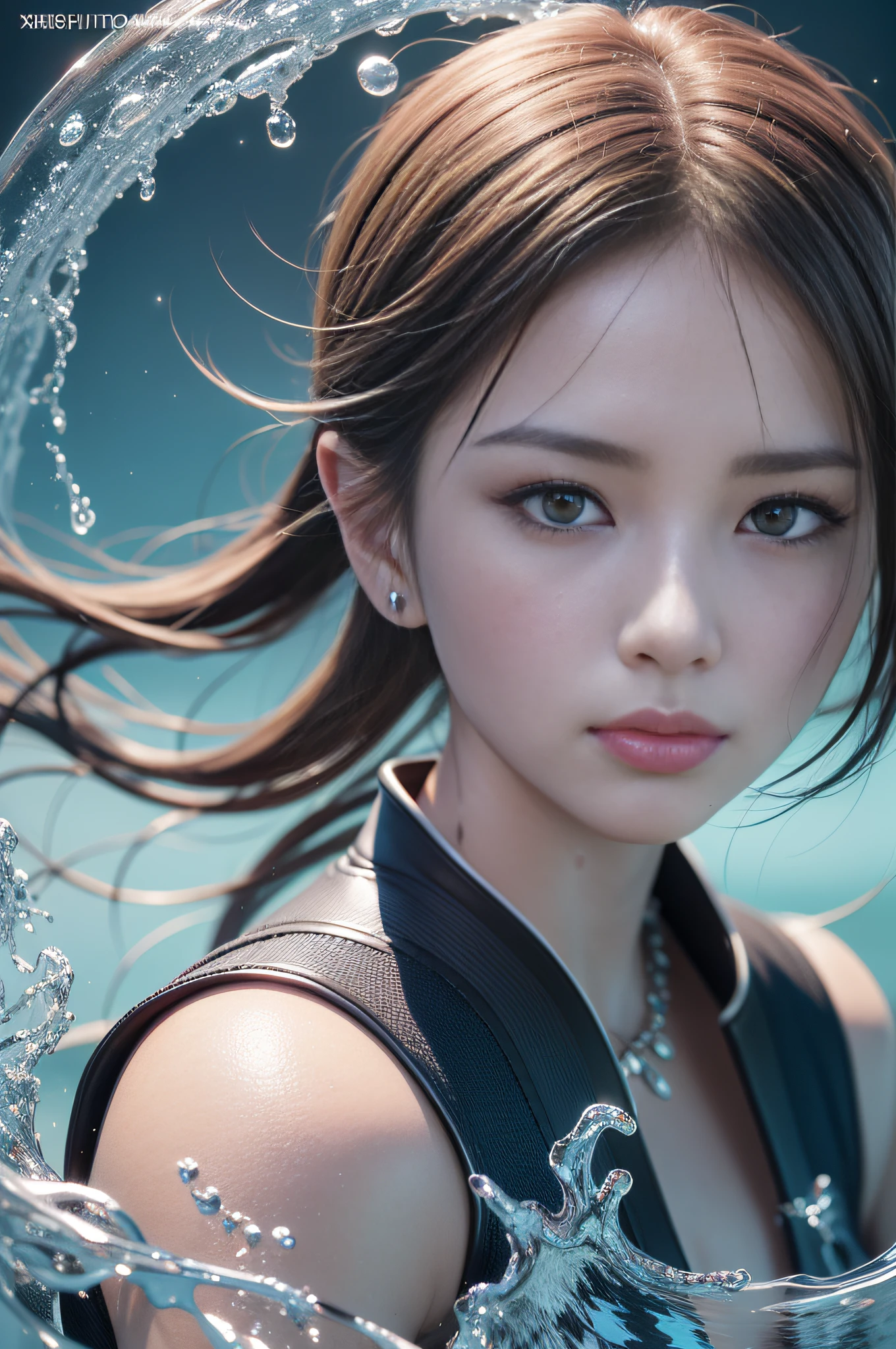epic water bending shot, in front, Award Winning Photographs,Wuxia, water splash in depht-of-field, A beautiful Chinese women, cinematic scene, extreme expressive face, extreme close - up, staring straight into the camera, eye to eye, focus on face, in the style of photorealistic eye, bokeh in the style of hyperrealistic illustration, super ultra detail, movie screenshot Unreal Engine, Zbrush, 3D art, Vray, Glow Particular, Post Effect, Optical Flares, style expressive, blue temperature,