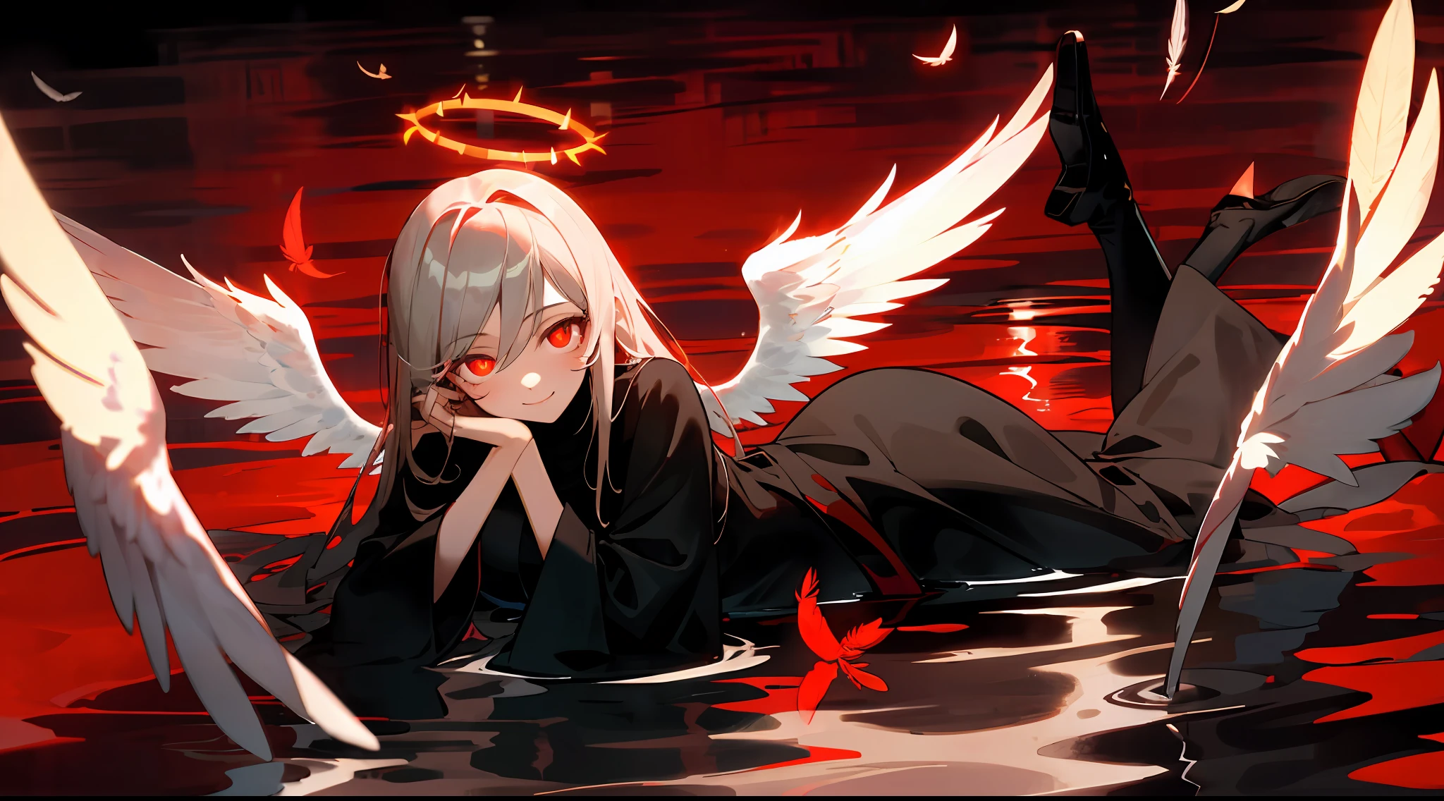 1girl, angel, cute,happy,gorgeos, laying in a dark water, (red halo), glowing eyes, red eyes, angel wings, holy, black and red water,sensual, black tunic, feathers, confident, smile, expressive eyes, collofull eyes, contrast, shadows, masterpiece, digital art,majestic, superior