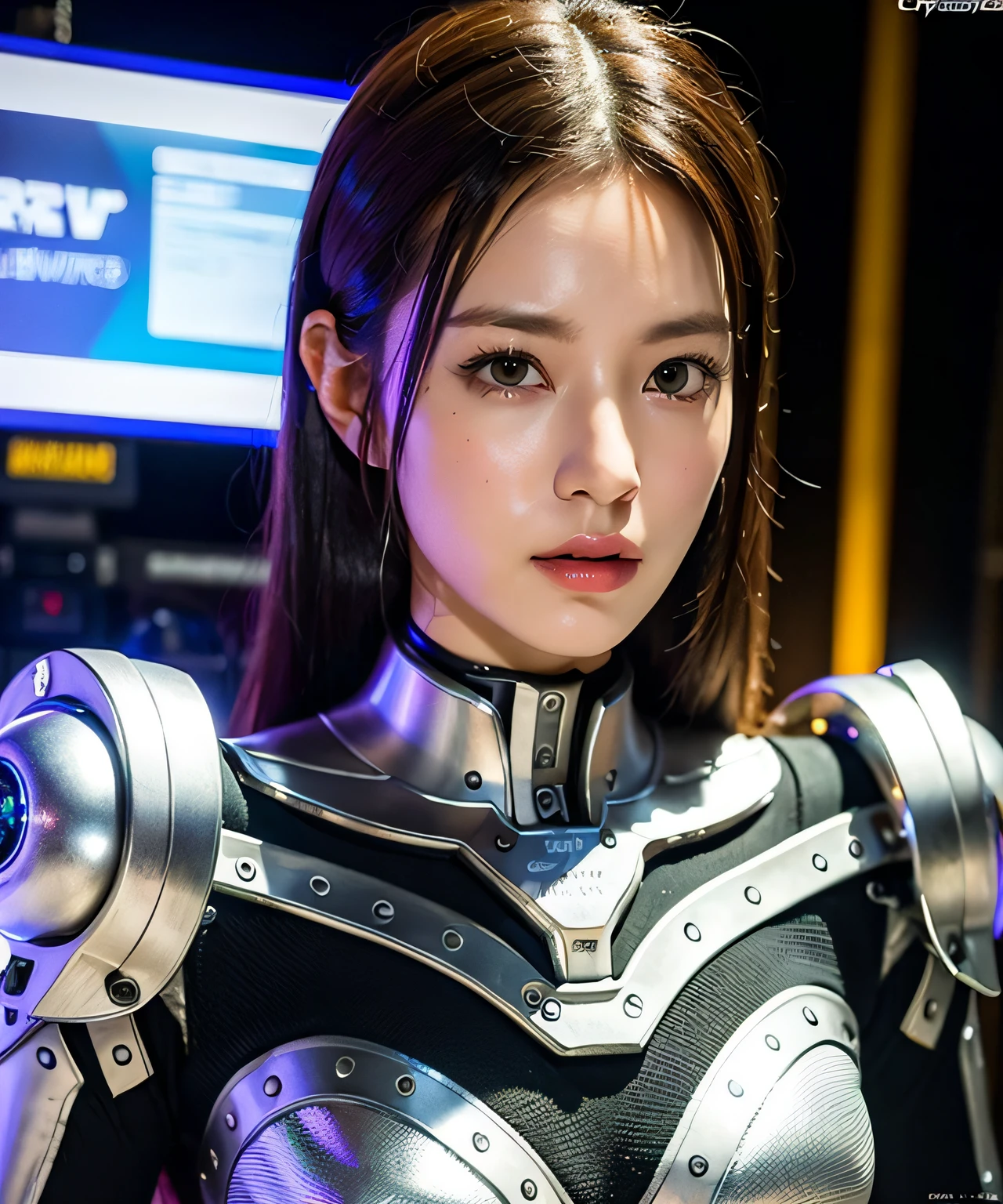 ultra detailed of a beautiful woman face,(Mechanical body:1.4),(Cyberworld background:1.4),age7,150 mm, long hair,beautiful studio soft light, vibrant details, beautiful background, octane render, 8k, best quality, masterpiece, illustration, an extremely delicate and beautiful, extremely detailed ,CG ,unity ,wallpaper, (realistic, photo-realistic:1.37),Amazing, finely detail, masterpiece,best quality,official art, extremely detailed CG unity 8k wallpaper, robot, silver halmet, full body, full-body shot, sitting,