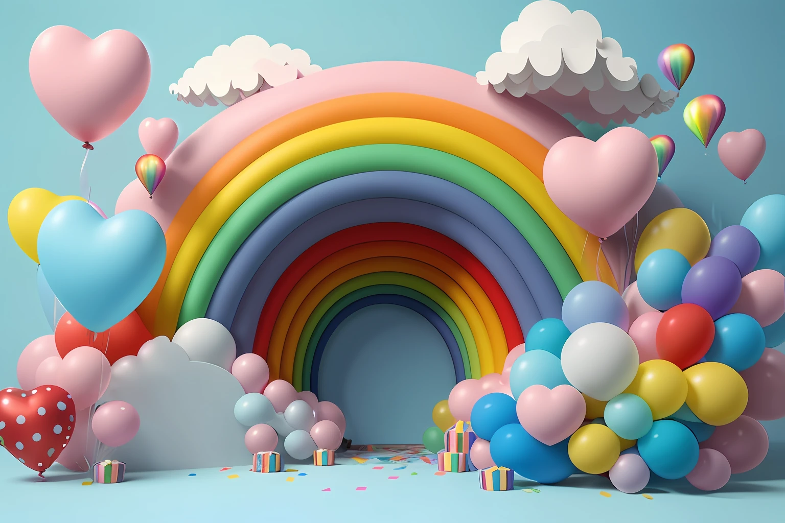 a close up of a rainbow with many balloons and confetti, rainbow bg, pastel colourful 3 d, intricate rainbow environment, pastel rainbow, rainbow background, volumetric rainbow lighting, colorful aesthetic, octane render a lonely rainbow, soft rainbow, rainbow stripe backdrop, colorful backdrop, ethereal rainbows, ( ( ( rainbow ) ) ), ( ( ( colorful ) ) ), rainbow colored