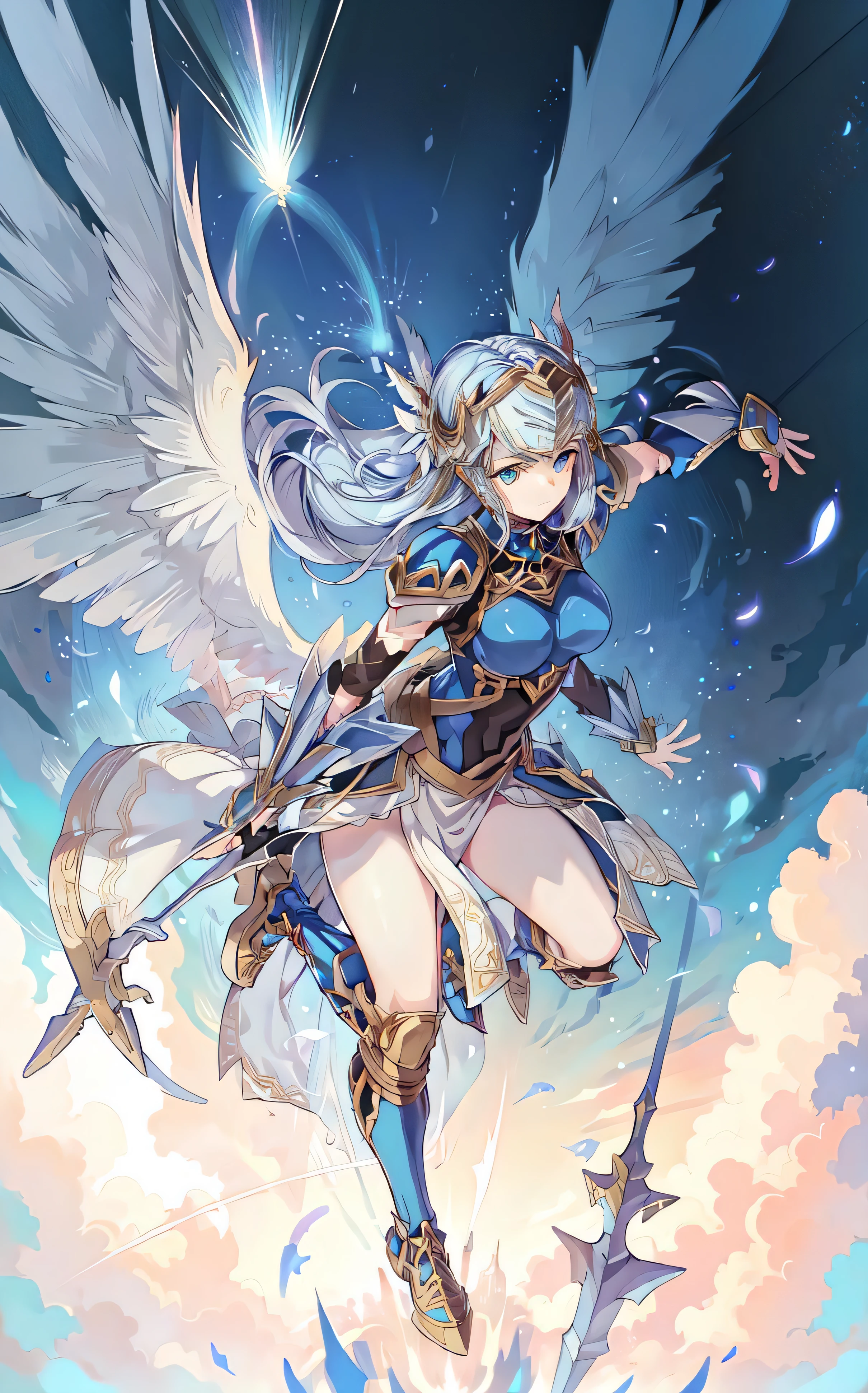 masterpiece, best quality, lenneth flying thorugh the sky, dynamic camera, action scene, magical explosion, intricate details, full body, ethereal wings, blue eyes,