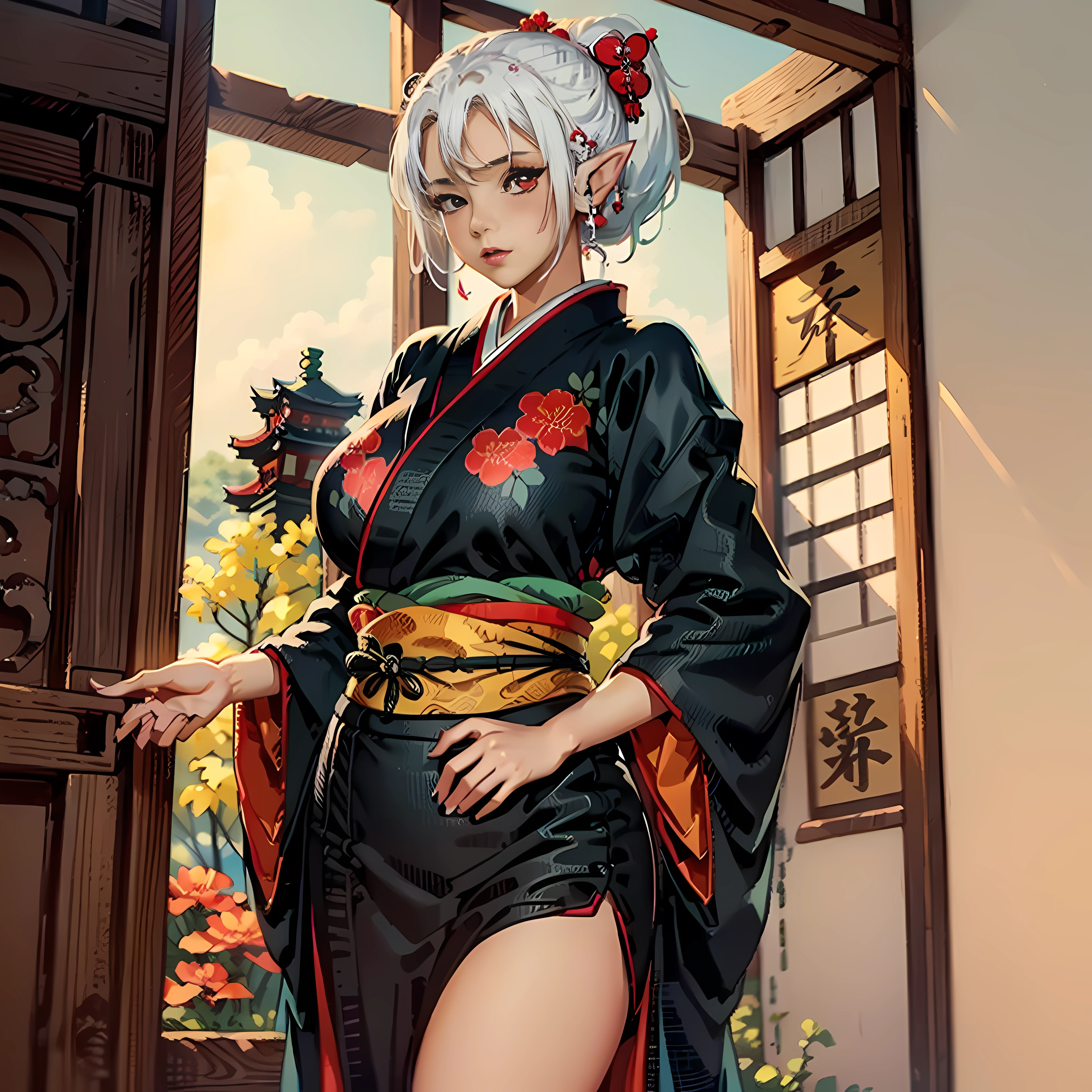 (masterpiece: 1.2, best quality), anime, (anime image, intricate details, depth of field), (1girl, solo), perfect eyes, perfect face, perfect hands, (perfect hands: 1.4), perfect lighting, makeup, half-open lips, elf, highly detailed, perfect face, (huge breasts: 1.4), (skindentation), thick thighs, wide hips, thin waist, high, bright coral lips, white hair, (white hair: 1.4), red eyes, (bright red eyes: 1.4), big ponytail, (A girl, Japanese kimono, black kimono, hands behind back), sexy, blushing, medieval style office