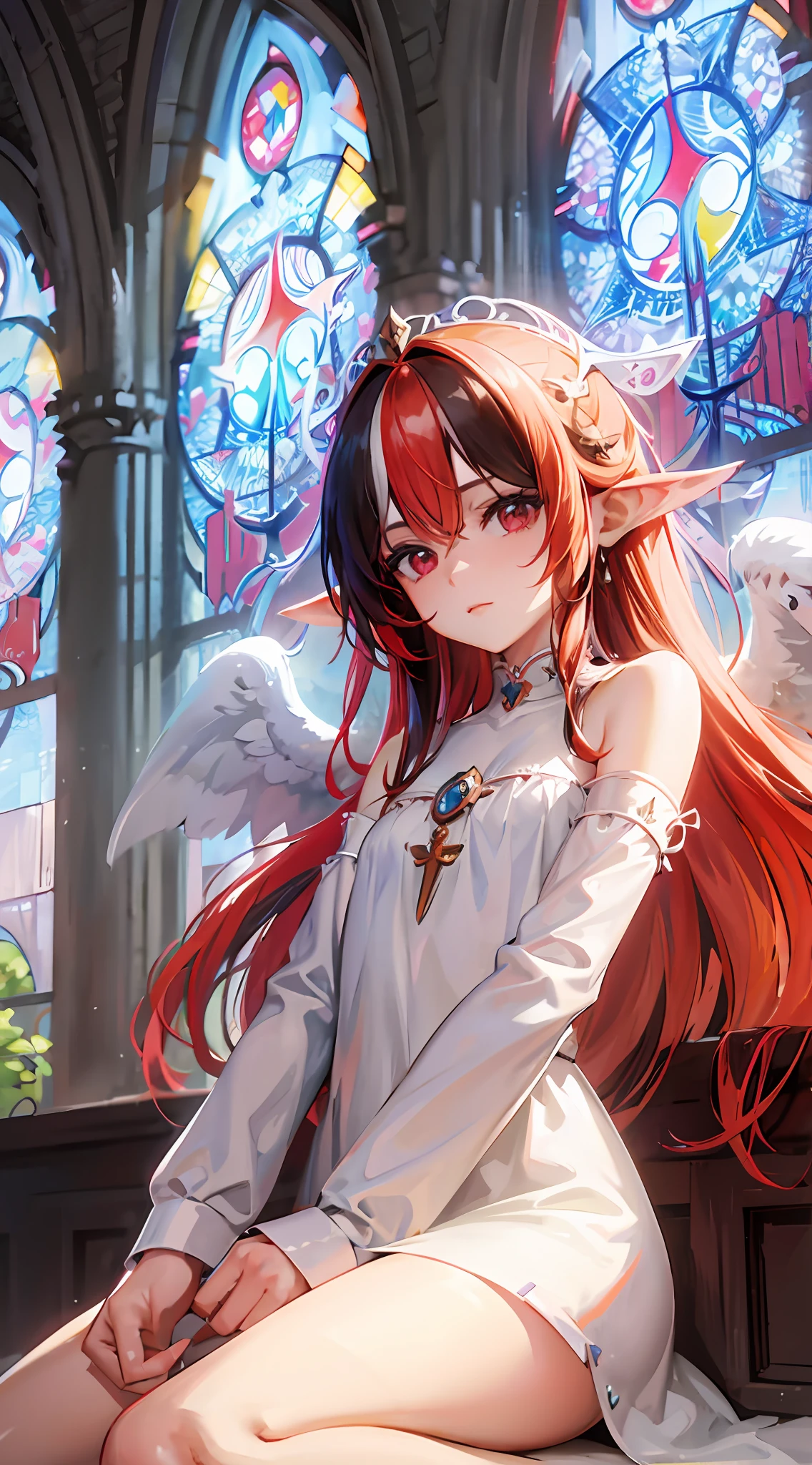 anime girl with long red hair sitting on a bench in front of a stained window, anime goddess, detailed digital anime art, gothic maiden anime girl, anime fantasy illustration, anime in fantasy style, anime fantasy artwork, 2. 5 d cgi anime fantasy artwork, beautiful anime girl, digital anime art, beautiful fantasy anime, 8k high quality detailed art, demon anime girl --auto
