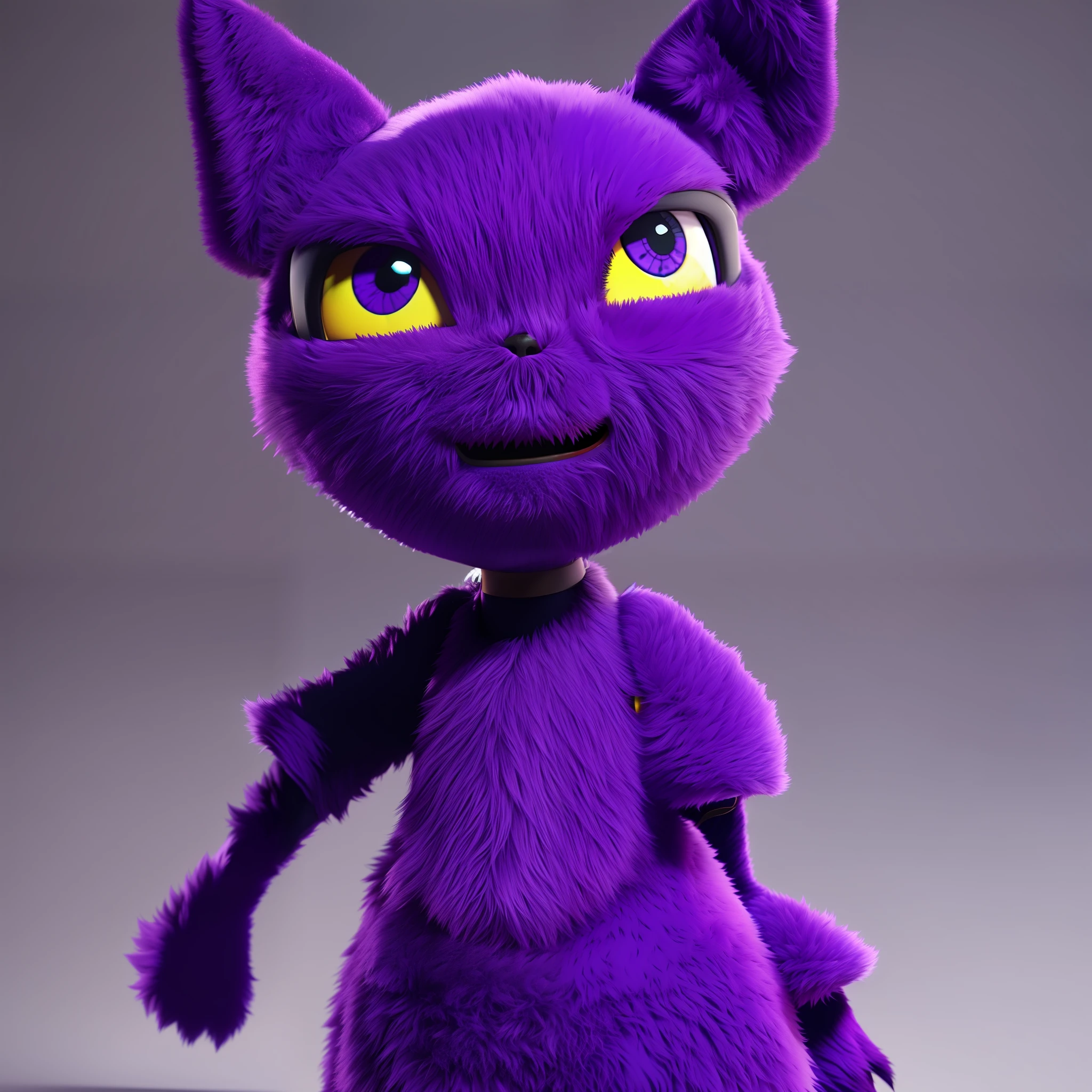 purple furry cat with yellow eyes and a black tie, purple cat, 3d render of catwoman, pouty look :: octane render, pixar octane render, colored zbrush render, created in octane render, 4 k octan render, rendered in blender, as a claymation character, rendered in sfm, octanerender, pixar. octane render, high res render