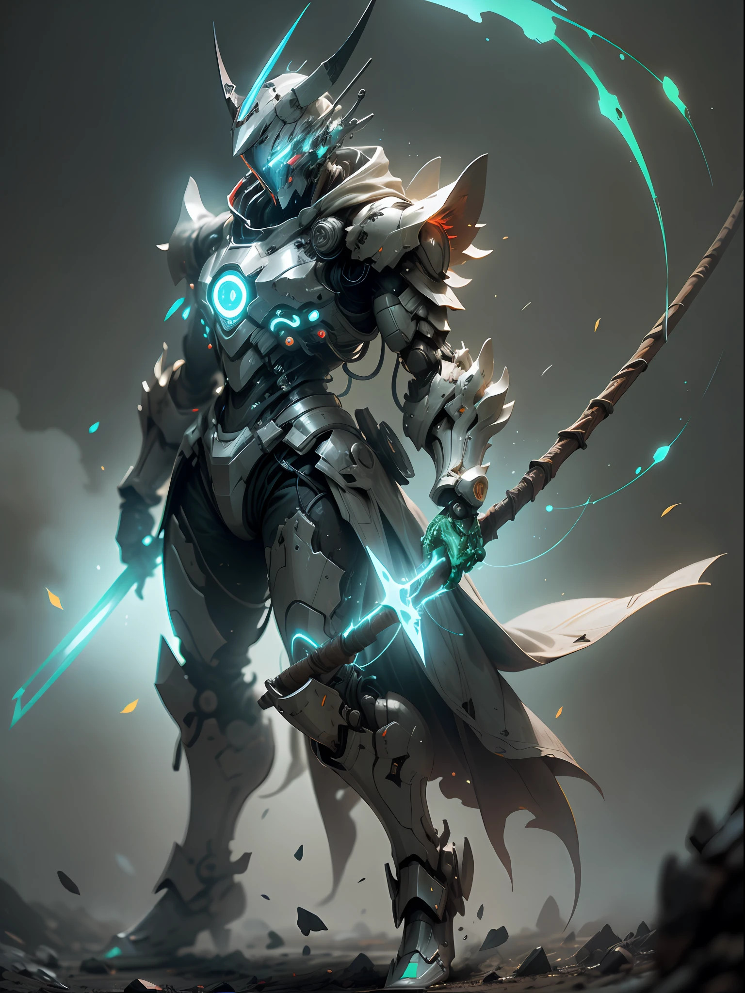 Ghost Executioner with Super Long Stick, Super Cool Ghost Executioner, Giant Stick, Martial Artist, Red Long Stick, Wearing Green Mechanical Armor, Leaves Falling, Swinging Stick Pose, Imposing Walking, Frontal Perspective, Perfect Body Proportions, Tall Figure, Full Body Photo, Super Detail, Realistic, Shiny, Reflective, Bioluminescent, Galactic Cybernetic Mask, Mecha, (Executioner: 1.2), Cloak, SH4G0D, GlowingRunes_red, Full Body, Movie, dark background, backlight, high contrast,