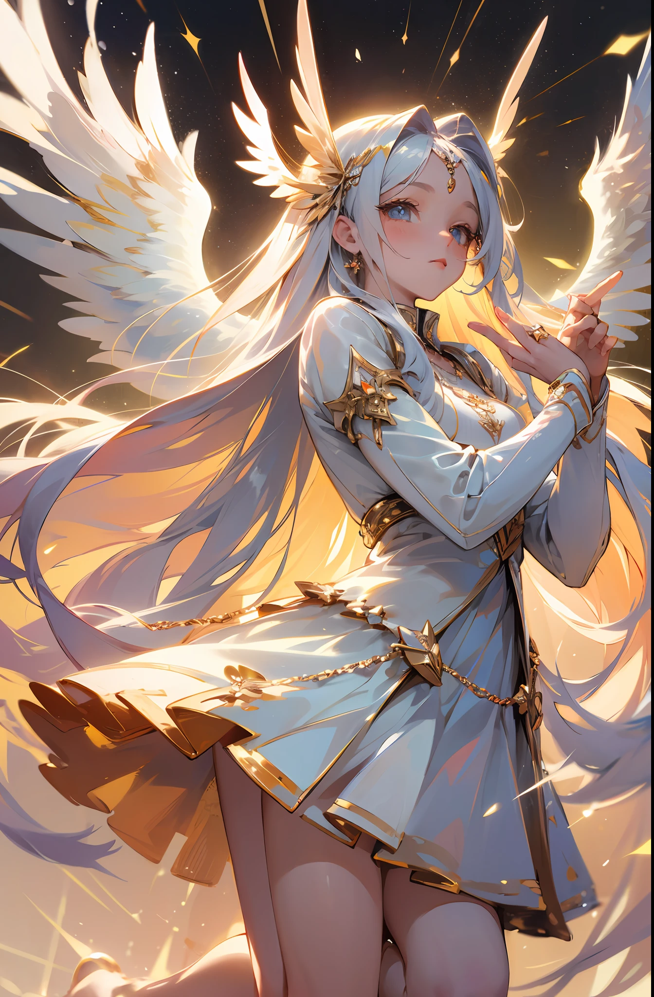 (Masterpiece: 1.4), (Best Quality: 1.4), (Very Cute Angel Girl, Super Detailed Face, Jewel-like Eyes, White Very Long Hair, Colorful Gradient Hair: 1.4), (Angel Ring:
1.4), (Angel Wings: 1.4), (Full body, perfect 2 arms, perfect 2 legs: 1.4), Perfect 4 fingers: 1 thumb, light, shine, bokeh, super fine