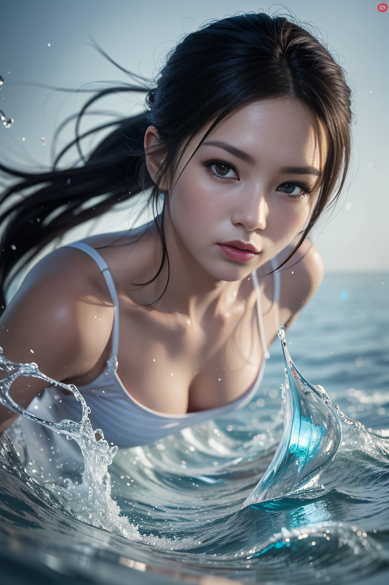 extreme close - up, water close-up, epic water bending shot, in front, Award Winning Photographs,Wuxia, water splash in depht-of-field, A beautiful Chinese women, cinematic scene, extreme expressive face, staring straight into the camera, eye to eye, focus on face, in the style of photorealistic eye, bokeh in the style of hyperrealistic illustration, super ultra detail, movie screenshot Unreal Engine, Zbrush, 3D art, Vray, Glow Particular, Post Effect, Optical Flares, style expressive, blue temperature,
