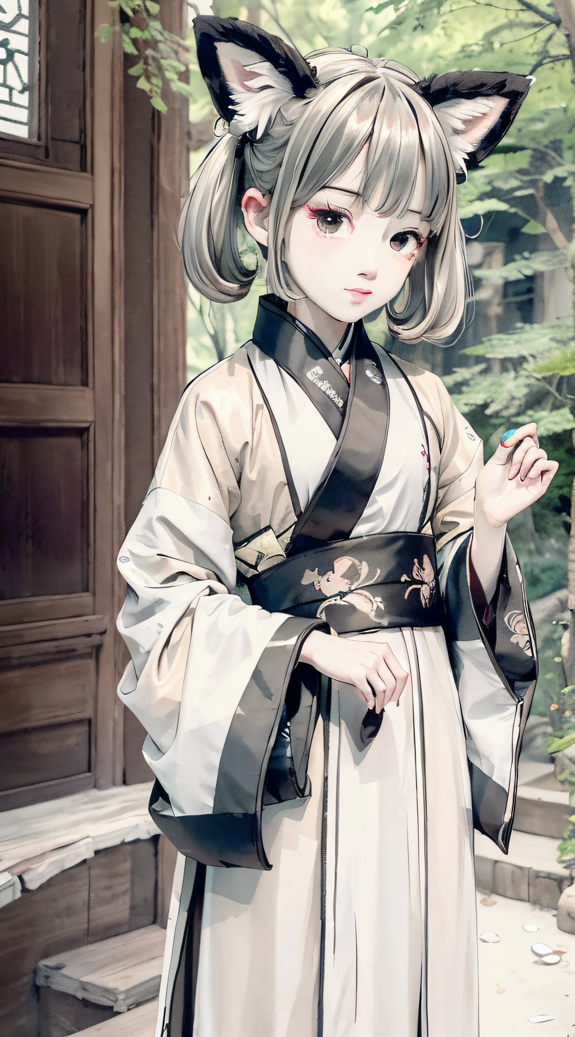 ((4k,masterpiece,best quality)), (landscape), fur-trimmed_sleeves,(look at viewer),medium_hair,antiquewhite,shuimobysim, traditional chinese ink painting, hanfu, ress conservatively 1 boy, solo, white hair, cat_ears, navajowhite, bunny, many fish near boy, tease,onee-shota