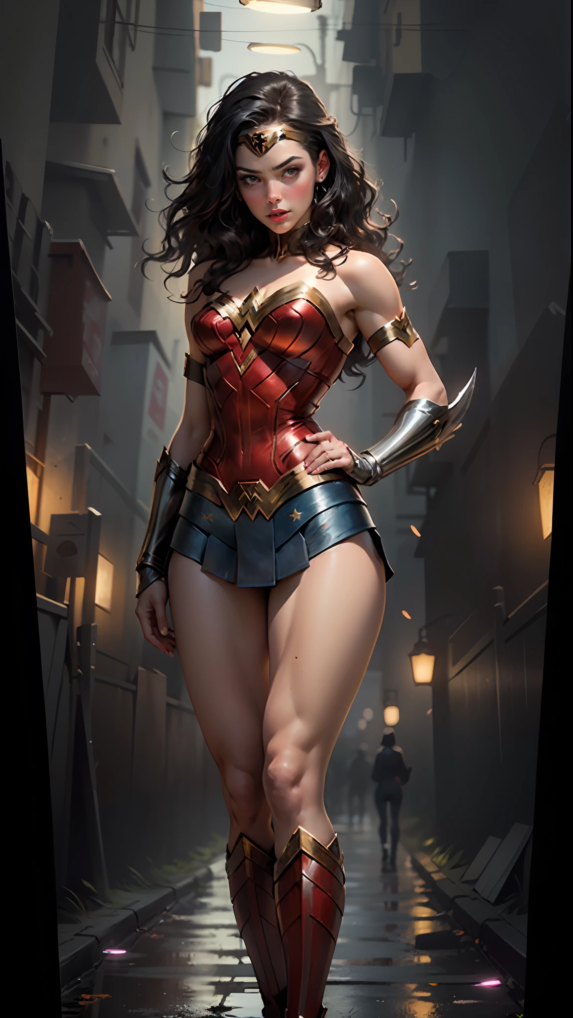 "((better quality, better lighting)), beautiful Wonder Woman with athletic body, accented and highlighted breasts, dynamic pose, colorful background, high saturation, vibrant lights."