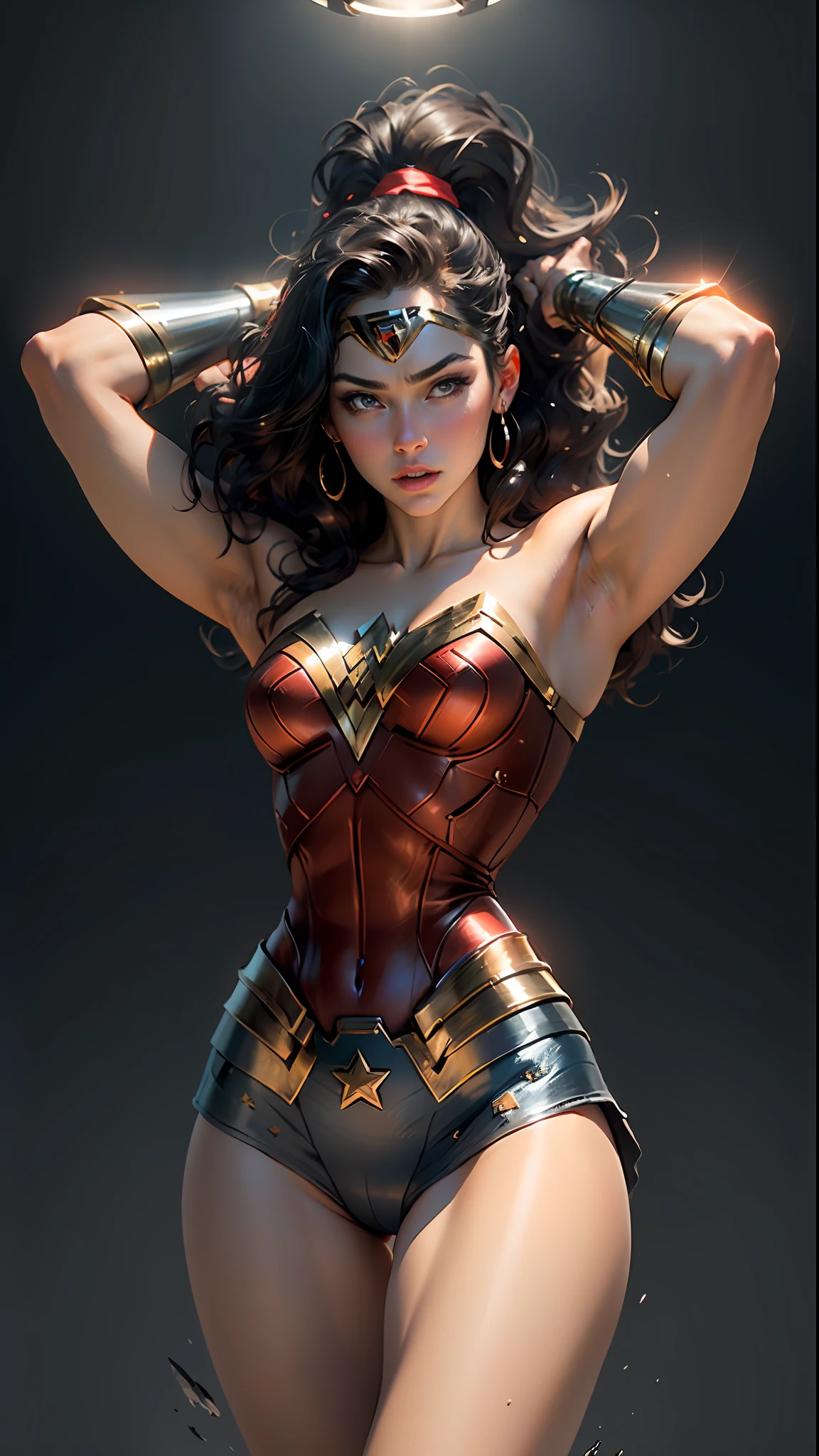 "((better quality, better lighting)), beautiful Wonder Woman with athletic body, accented and highlighted breasts, dynamic pose, colorful background, high saturation, vibrant lights."