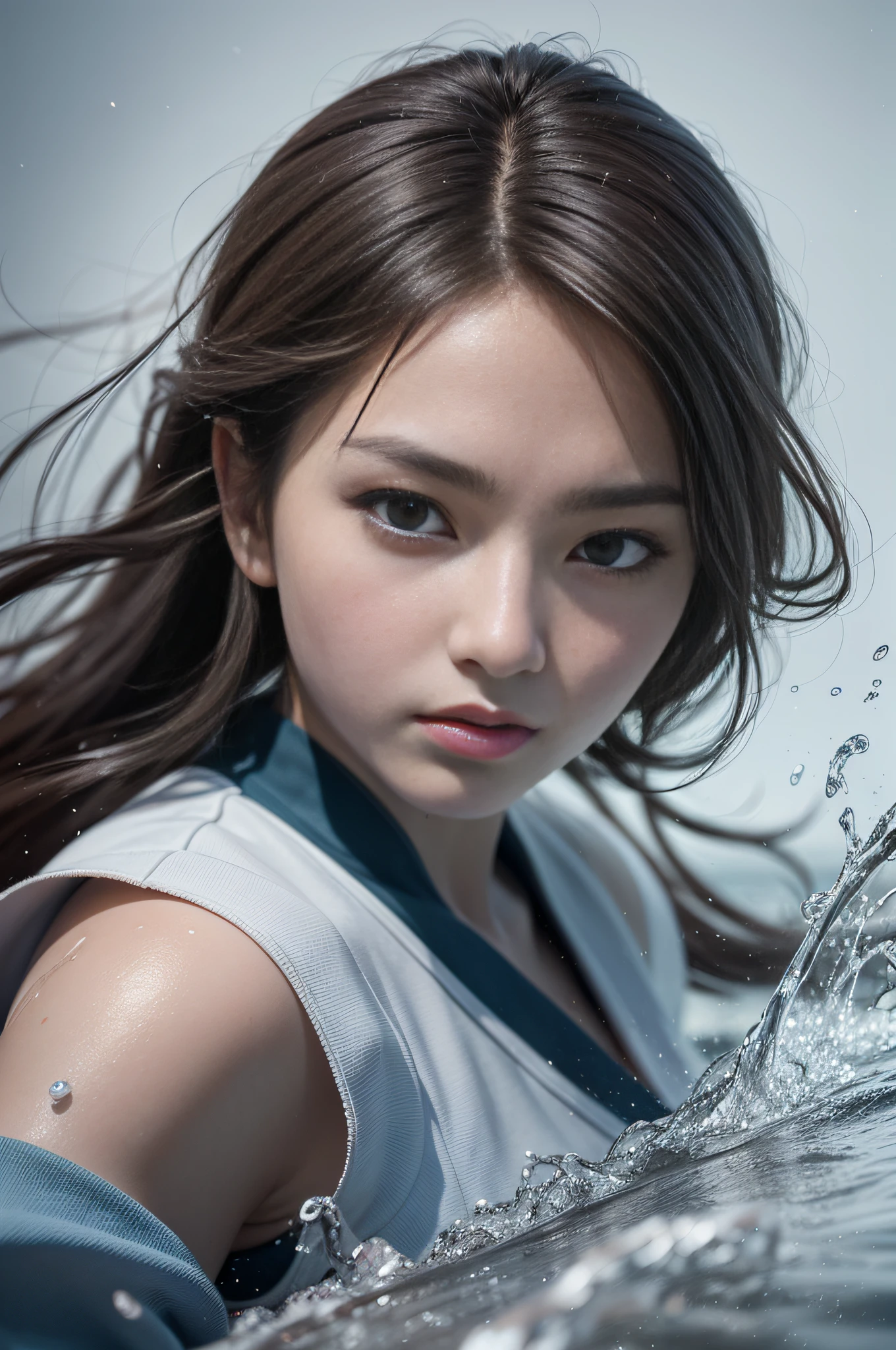 extreme close - up, water close-up, epic water bending shot, in front, Award Winning Photographs,Wuxia, water splash in depht-of-field, A beautiful Chinese women, cinematic scene, extreme expressive face, staring straight into the camera, eye to eye, focus on face, in the style of photorealistic eye, bokeh in the style of hyperrealistic illustration, super ultra detail, movie screenshot Unreal Engine, Zbrush, 3D art, Vray, Glow Particular, Post Effect, Optical Flares, style expressive, blue temperature,