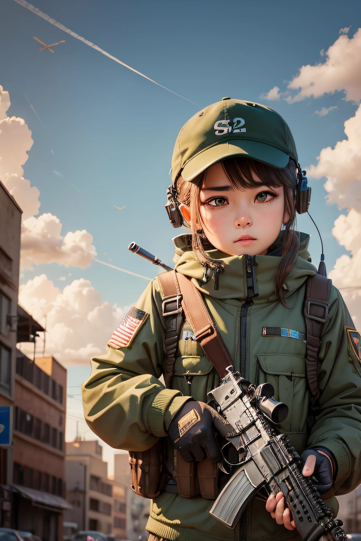 8k wallpaper extremely detailed), intricate, richly detailed, dramatic, baby military soldier, in combat, extremely large head, insanely graphics, bright ashes ooze from the bombs during the walk on the battlefield, show the whole person with some distance from the surroundings to get your own license.