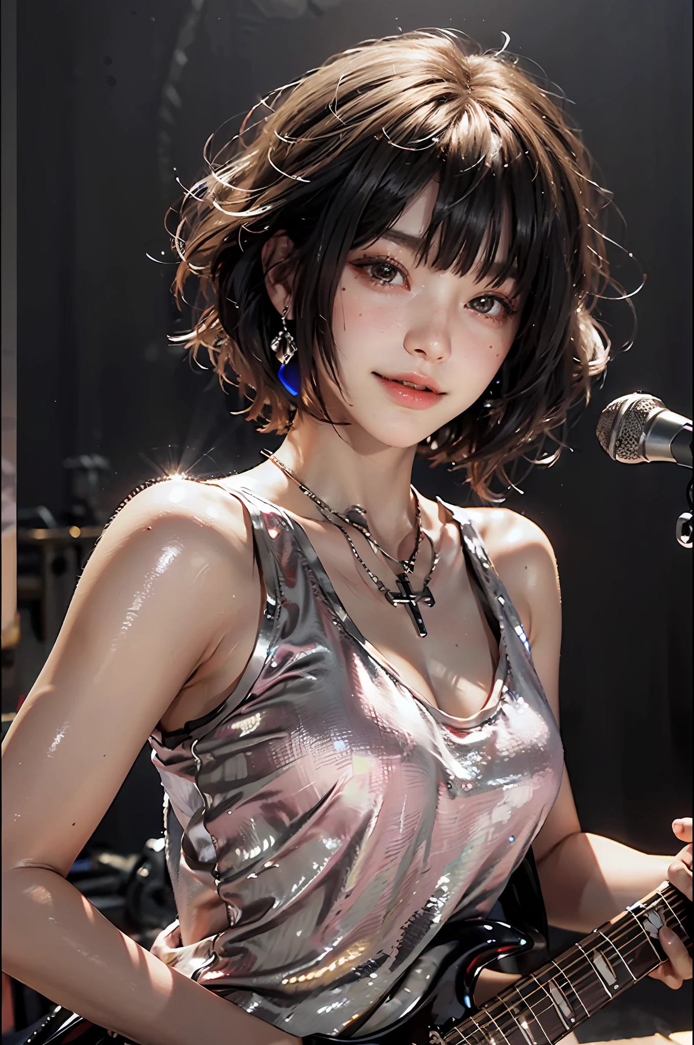 Top Quality, Masterpiece, Ultra High Definition, (Photorealistic: 1.4), Raw photo, Cowboy shot, Charming smiling girl playing electric guitar on live stage, (dynamic pors), Short hair, Red gradient hair, Asymmetrical bangs, Bob cut Bob cut, Cross Petit pendant necklace, Earrings, White punk rock costume, Colorful live lighting, Spotlight