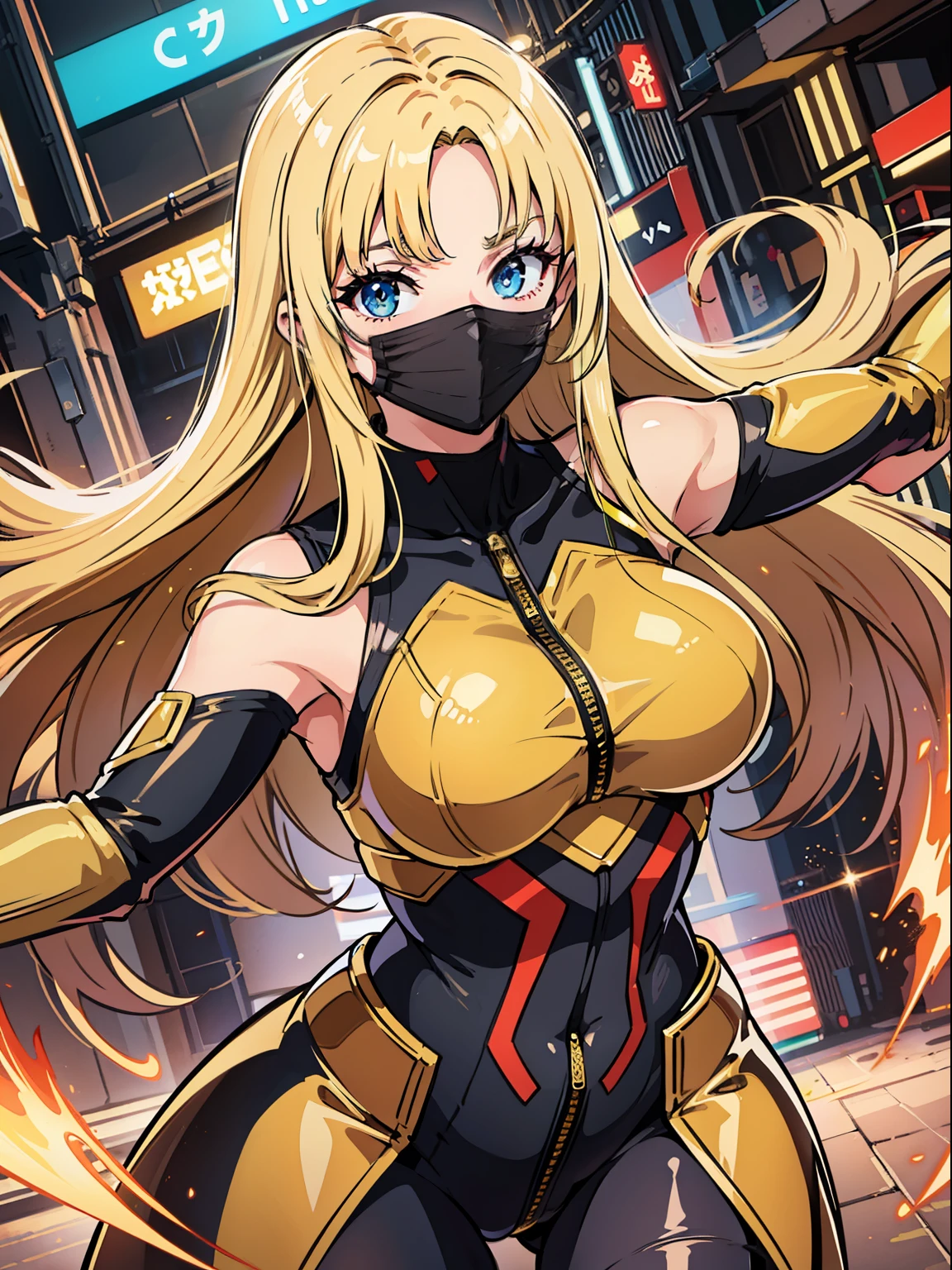 Masterpiece, high quality, golden mask, blonde long hair in golden costume, blue-eyed ninja girl, dynamic angle, dynamic pose, neon street