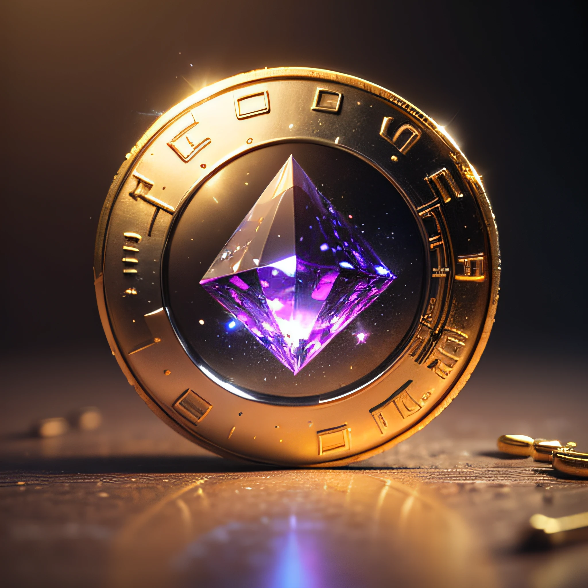 Realistic Photo of Gold and Purple Coin with a super detailed 16K design, Crypto coin with stainless steel details, binary codes in gold, rendered in Cinema4D, rendered in Cinema 4D, currency, texture GOLD and PURPLE Crystal, highly detailed texture rendering, rendered in Cinema 4D Octane, portrayed as a 3D rendering, created in render Octante, rendered with substance designer, fantasy game spell symbol, super detailed rendering. ((Super Realistic Quality)), universe background, futuristic reality in 8K realistic rendering, V-RAY --auto