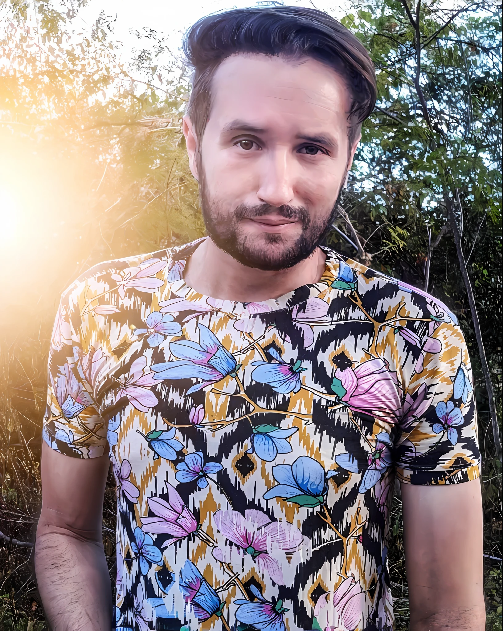 arafed man with a beard and a colorful shirt standing in a field, inspired by Lucas Vorsterman, ben ridgway, adam varga, caleb worcester, zachary corzine, mid shot portrait, kaleidoscopic, liam, pewdiepie selfie at a bridge, portrait!!!, promo shot, wearing a tie-dye t-shirt, patterned clothing