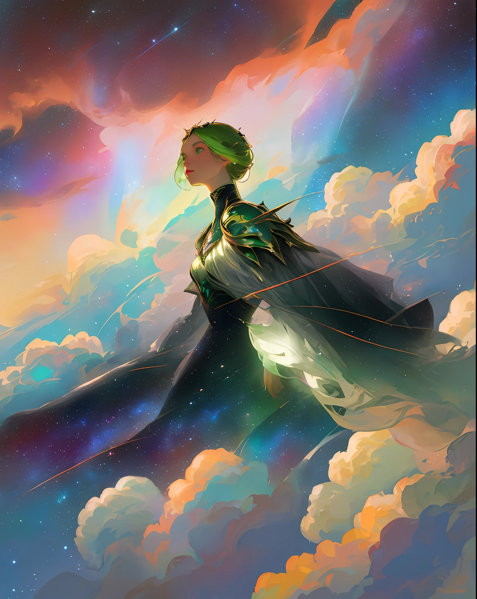 2 goddesses goddesses heavenly, floating, clouds, galaxy, nebula, green hair, blue hair, side by side