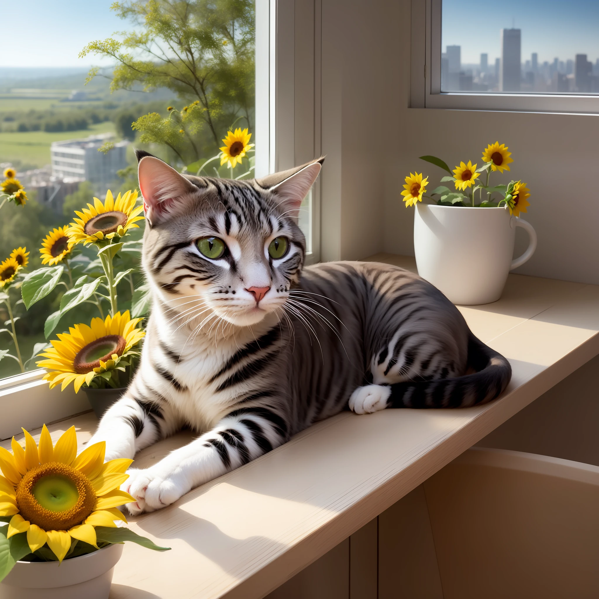 Cat lying on the windowsill of a skyscraper licking a lollipop, next to one ((pot with a sunflower)). ((Spectacular views.)) Digital painting, artstation, concept art, soft focus, sharp, illustration.