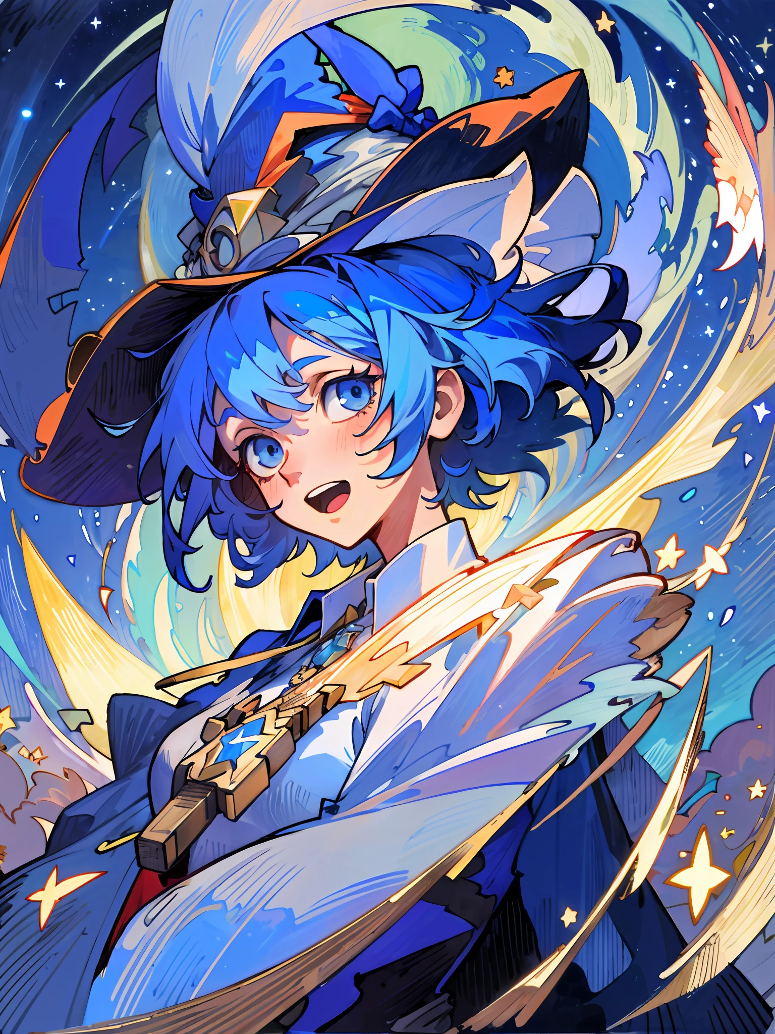 ((masterpiece:1.2, best quality)), 1girl, solo, (witch hat), a close up of a girl with short blue hair, short hair, dress, aurora, night, star (sky), gloves, sky, white dress, night sky, open mouth, starry sky, light blue eyes, ribbon, very shorthair, red dress, smile, hair ribbon, cape, blue hair, (bird), magic, casting spell, dark clouds, night, (impressionism:1.4), alphonse mucha,