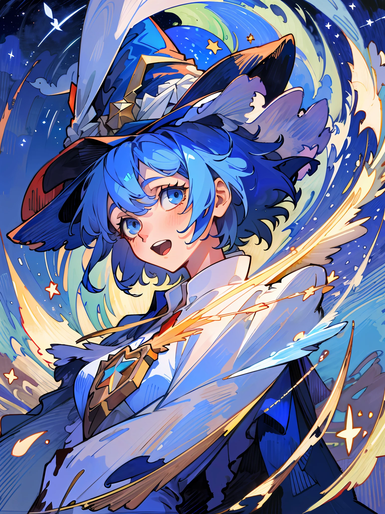 ((masterpiece:1.2, best quality)), 1girl, solo, (witch hat), a close up of a girl with short blue hair, short hair, dress, aurora, night, star (sky), gloves, sky, white dress, night sky, open mouth, starry sky, light blue eyes, ribbon, very shorthair, red dress, smile, hair ribbon, cape, blue hair, (bird), magic, casting spell, dark clouds, night, (impressionism:1.4), alphonse mucha,