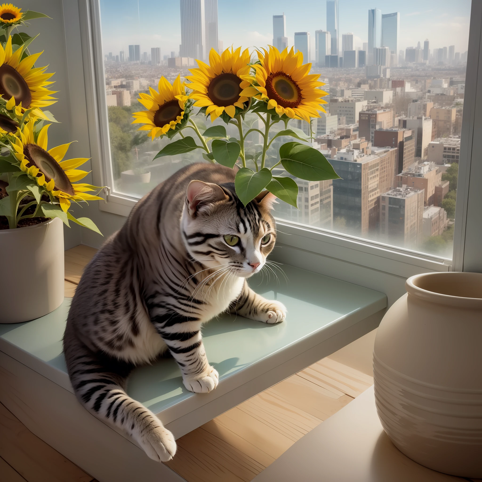 Cat lying on the windowsill of a skyscraper licking a lollipop, next to one ((pot with a sunflower)). ((Spectacular views.)) Digital painting, artstation, concept art, soft focus, sharp, illustration.