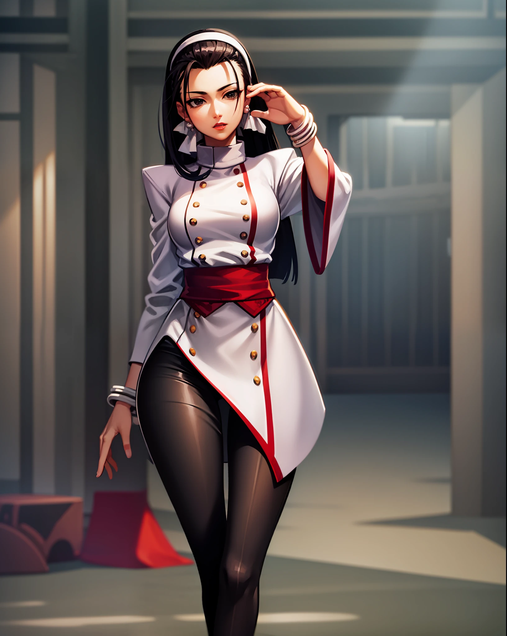 (masterpiece, best quality, high resolution, unity 8k wallpaper, extremely detailed CG:1), (illustration:1.0), 1girl, chizurums, hairband, jewelry, earrings, wide sleeves,sash,  bracelet, black pants