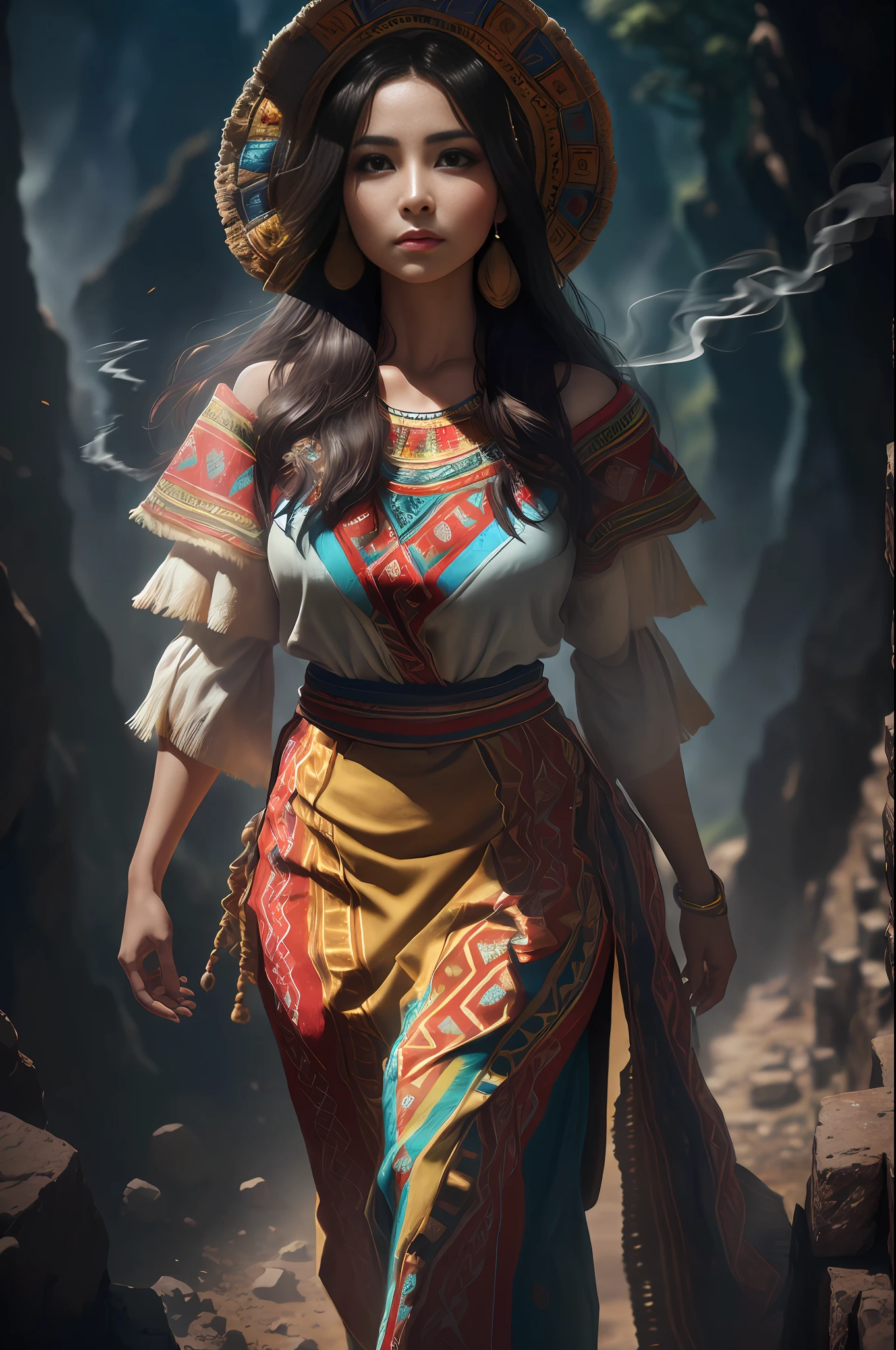 ((realistic: 1.5)),((best quality)), ((brown eyes)), ((masterpiece)),((detailed)), (1girl: 1.3), solo, (((extremely detailed face))),(((extremely detailed eyes and face))), Inca skin, Inca face, beautiful detailed eyes, 8k unified wallpaper, super detailed, beautiful and aesthetic, beautiful, masterpiece, best quality, raw, masterpiece, super fine photo, best quality, super high resolution, photorealistic realism, sunlight, full body portrait, amazing beauty, dynamic pose, delicate face, vibrant eyes, (from the front), (1 Inca woman in Inca costume long skirt with colors red blue white and pink not green, {a beautiful Inca woman dressed in traditional Inca dress typical costume of the woman of Cuzco Peru, super wide angle lens, facial focus, mature, small breasts, long legs, curves, barefoot, full Inca costume, slender legs, dark eyes, perfect eyes, long black hair, floating hair, long eyelashes, (detailed face, beautiful eye, detailed pupils, detailed features of Inca clothing, light background: 1.3), mysterious ancient Inca ruin, lush forests, deep canyons, bridge, river, cliff, cloud, lakes, rock, waterfalls, flowers, grass, fog, vine, tree, smoke, best shadow, bright details, sharp, perfect composition, intricate, sharp focus, dramatic, (specular lighting: 1.3), edge light, Inca landscape, fully dressed,