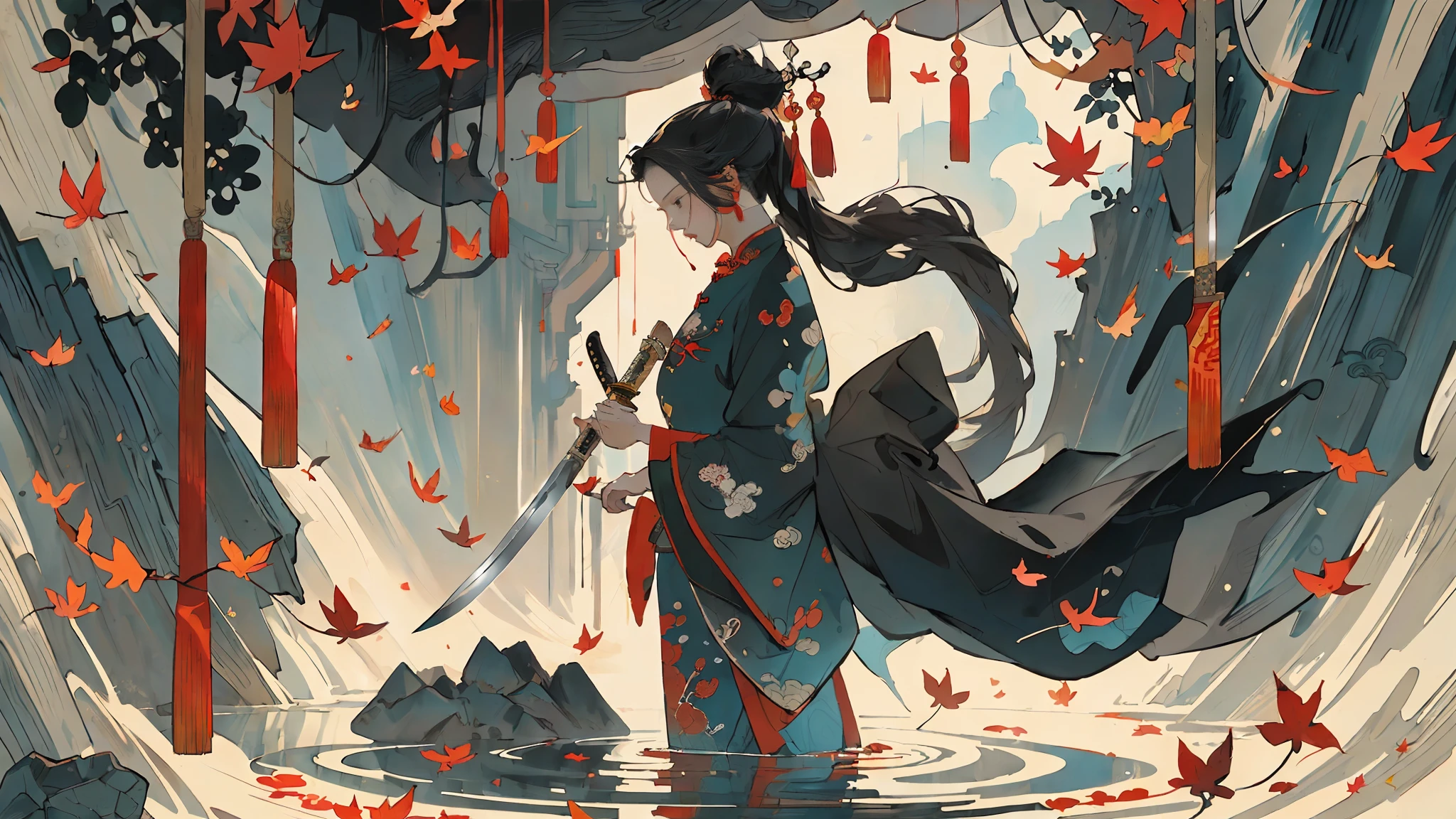(best quality), two-dimensional, animated comic style, Chinese style, a girl, cheongsam, maple leaf, a tang knife, electric light, falling leaves, flying, upper body, sky, oriental detailed background, clouds, landscape, pond, mountains and rivers, Chinese style, clouds, Chinese style texture, elegant, painted, ((Chinese color ink)), (Chinese color ink painting style))), ((((masterpiece))), ((((bestquality))), ((super detailed, Very precise and detailed)), (Gone with the wind), (Illustration), (Amazing), (Ridiculous), ((Sharp Focus)), ((Very Fine)), ((High Saturation)), (Splashing of colored ink around), ((Colorful)), Light color, Reach out,