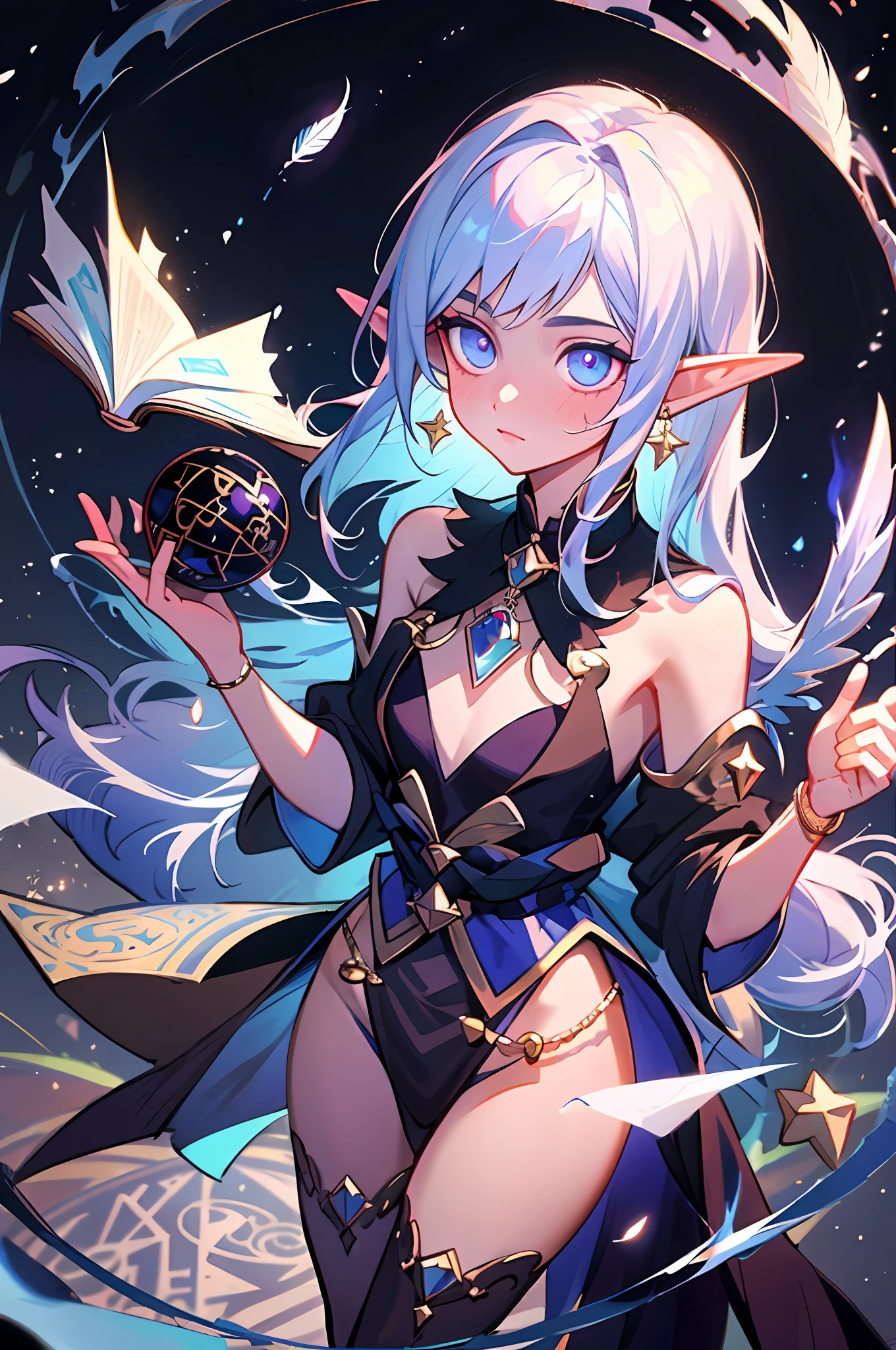 (Masterpiece, excellent picture quality, delicate CG, beautiful eye details, ultra-detailed, complex details: 1.1), 8k wallpaper, exquisite facial features, (1girl, solo: 1.4), long hair, striped hair, (elf, aura: 1.3), exquisite eyes, glowing eyes, earrings, panties, anklets, chest, necklace, magic wand, (purple flame: 1.3, feathers, (magic circle, magic ball: 1.3), (flying paper in the air: 1.4) , magic circle, spell, night, darkness, (prismatic hair, 1.4) starry background, (colorful splash: 1.3), splash art, real lighting, cool magic special effects, high saturation, extreme color, (white particles that are illuminated Surround the whole body: 1.3)